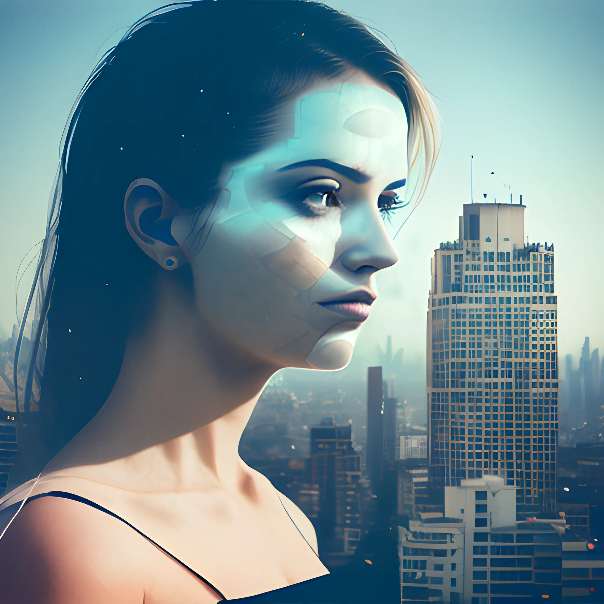 A REALISTIC DOUBLE EXPOSURE PORTRAIT OF A WOMEN AND A CITY