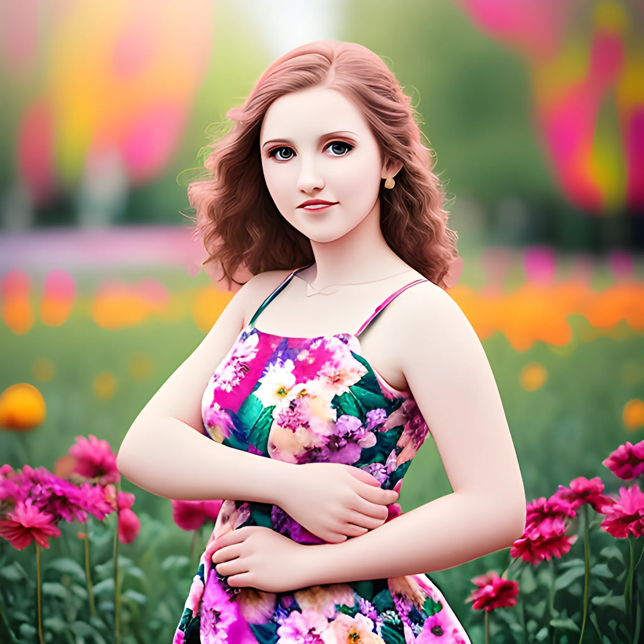 Beautiful woman, floral dress, colorful, blurred background for senior photography