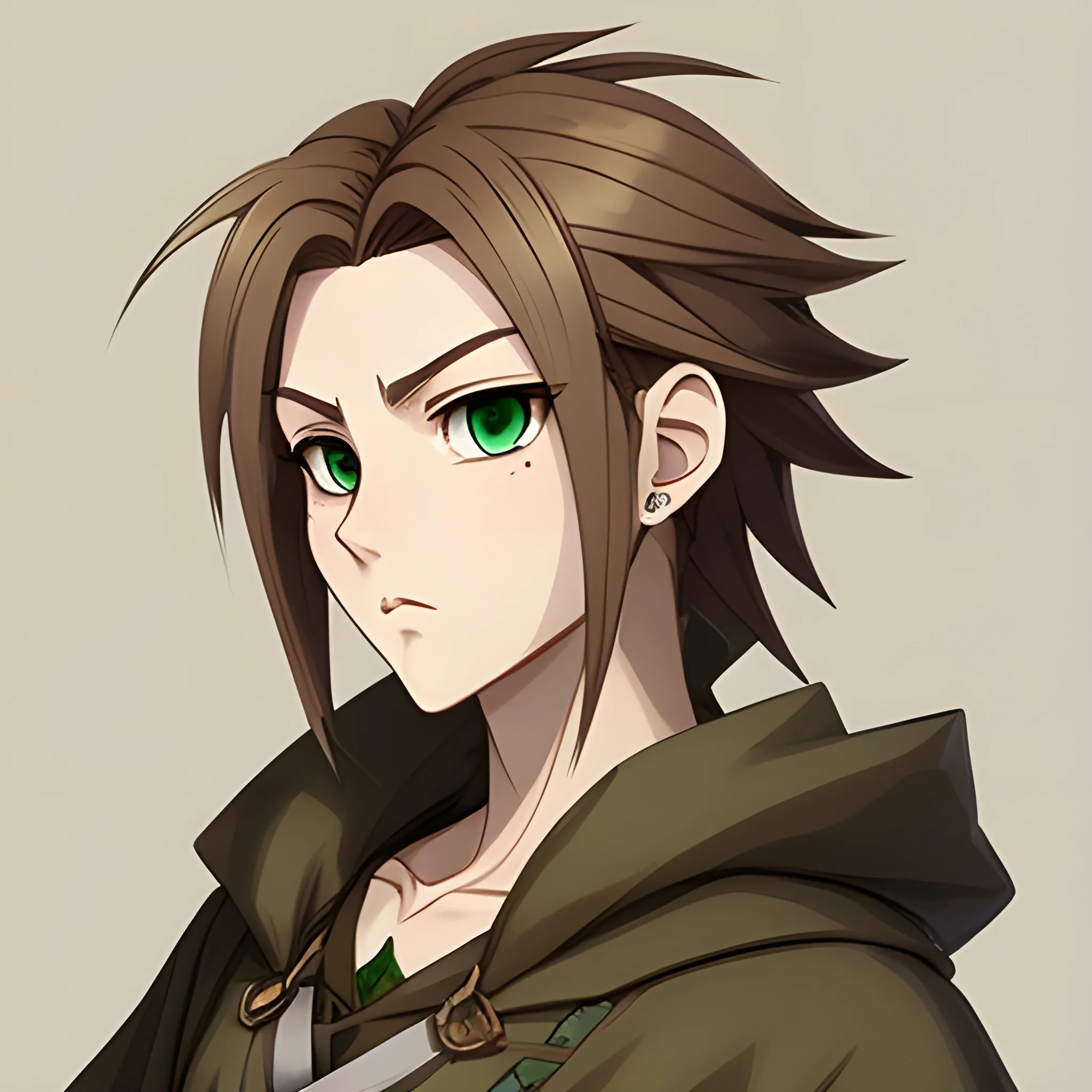 Design a stoic profile picture of asturdy anime character with earth-toned hairlooking to the side with piercing emerald eyes..