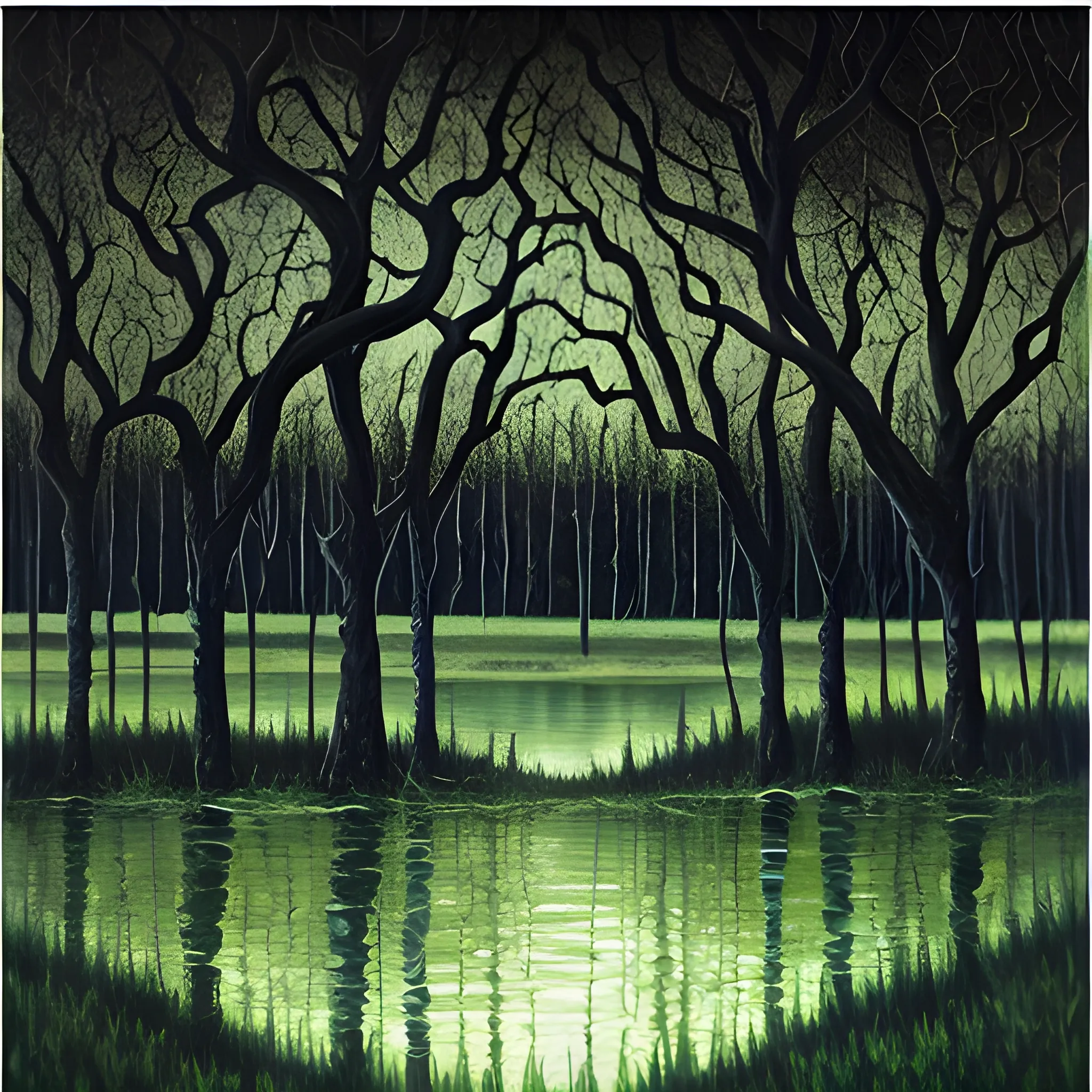 dark lake in swamp, Oil Painting, scary trees, tarot card
