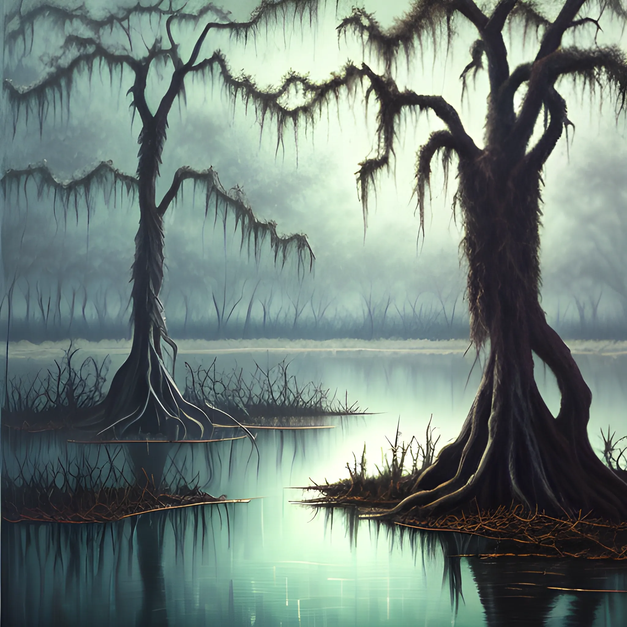 dark lake in swamp, Oil Painting, scary trees, twisted
