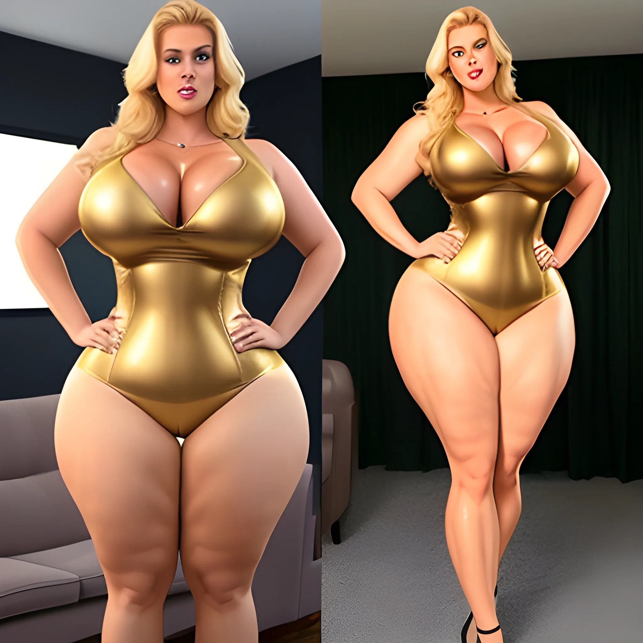 massive and very tall, beautiful, plus size, friendly beautiful blonde girl, broad shoulders, slightly muscular, golden blonde hair, full voluptuous hourglass body and long big thighs and big legs in short tight dress, athletic, standing in beautiful house next to her slightly shorter blonde daughters with the same bodytype hugging and clinging to her