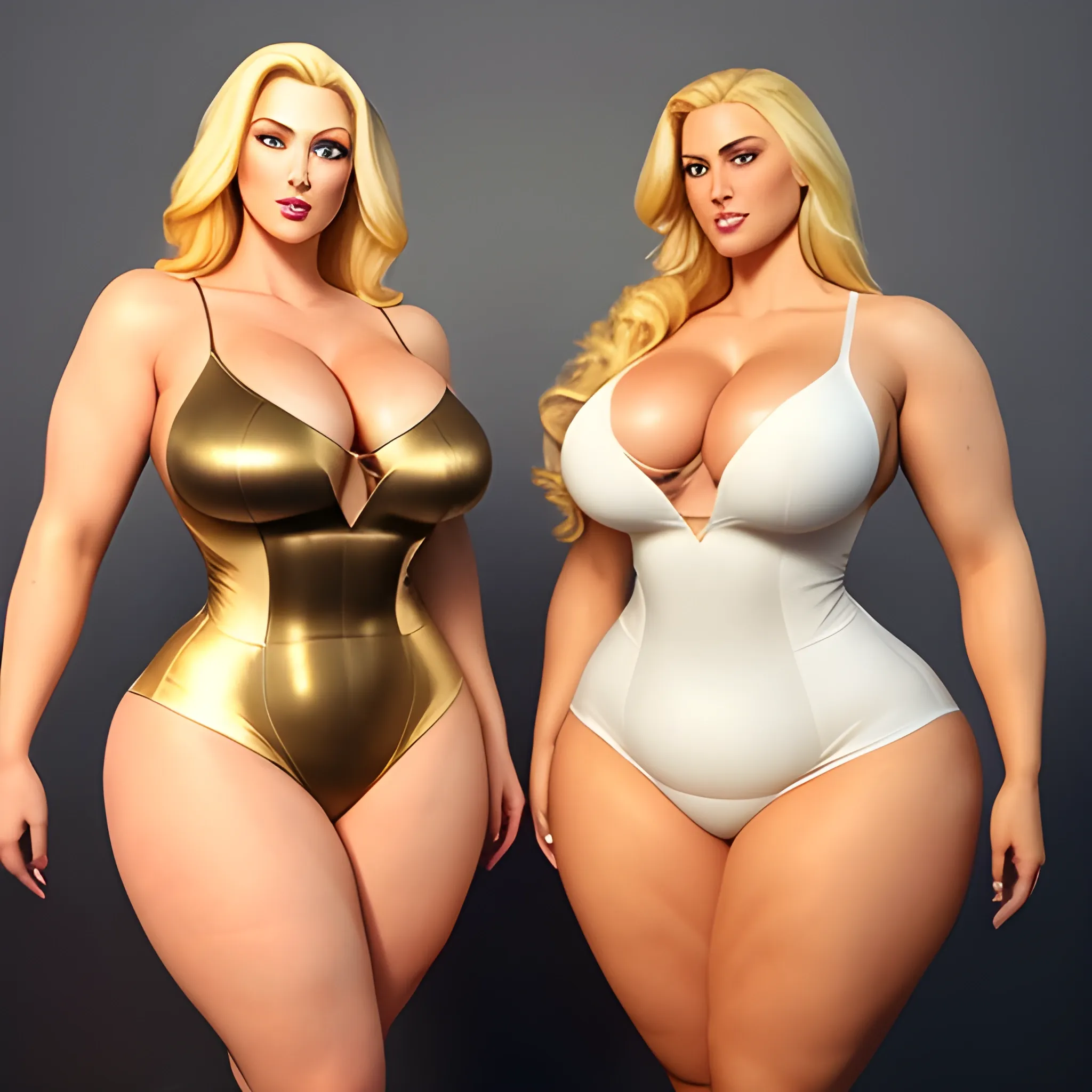 massive and very tall, beautiful, plus size, friendly beautiful blonde girl, broad shoulders, slightly muscular, golden blonde hair, full voluptuous hourglass body and long big thighs and big legs in short tight dress, athletic, standing in beautiful house next to her slightly shorter blonde daughters with the same bodytype hugging and clinging to her