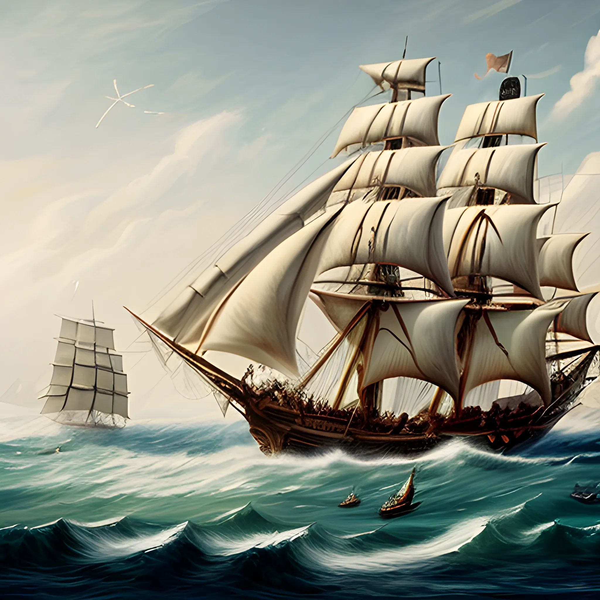 A large pirate ship sailing with sails blown in the wind, side view, art Jem, dynamic and action-rich scenes, dynamic composition