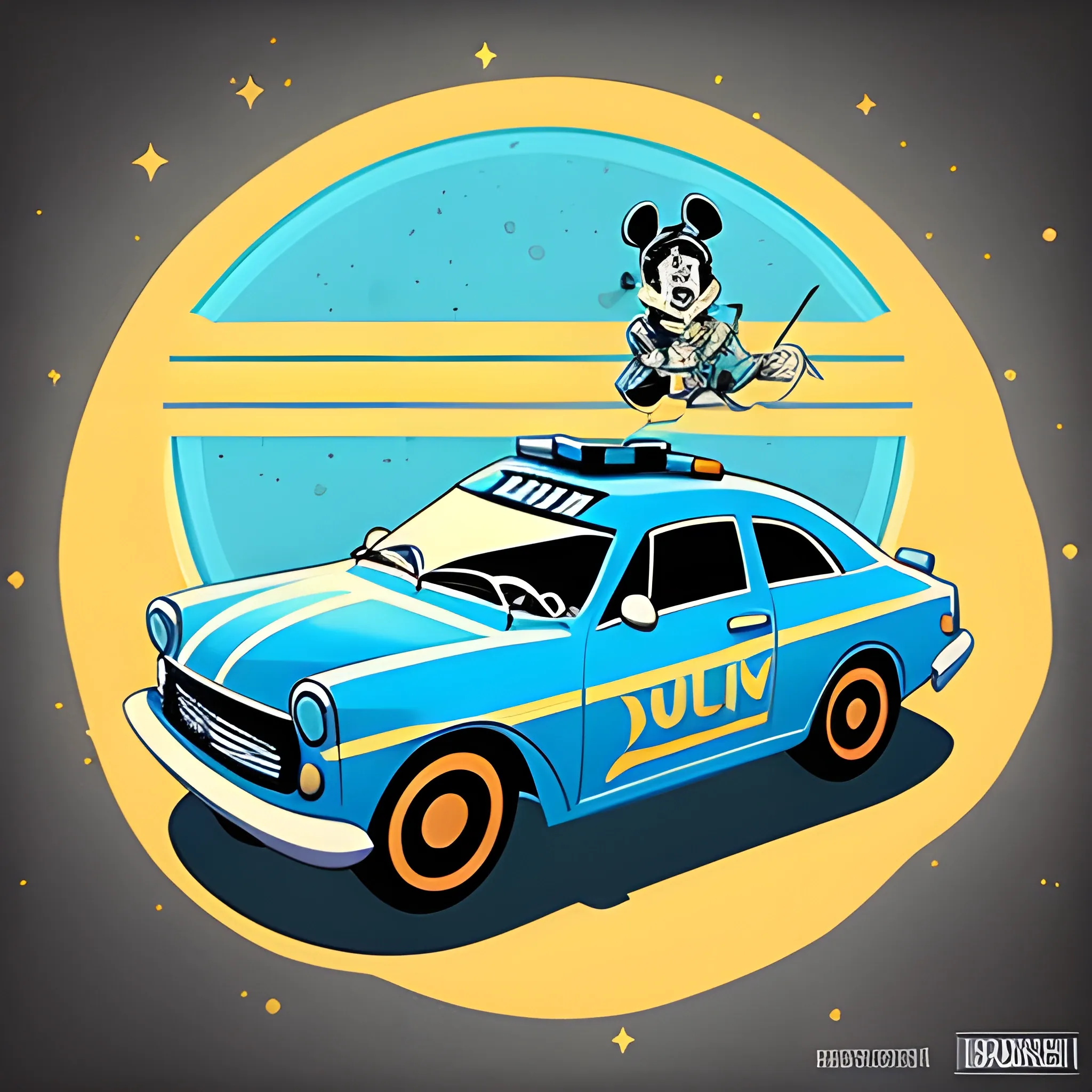 Desenha estilo Disney um rapaz e uma rapariga. Ambos baixos e morenos. Eles estão a atirar notas pelo ar. No fundo quero que se veja polícia e carros de polícia como se tivessem a fazer uma emboscada.