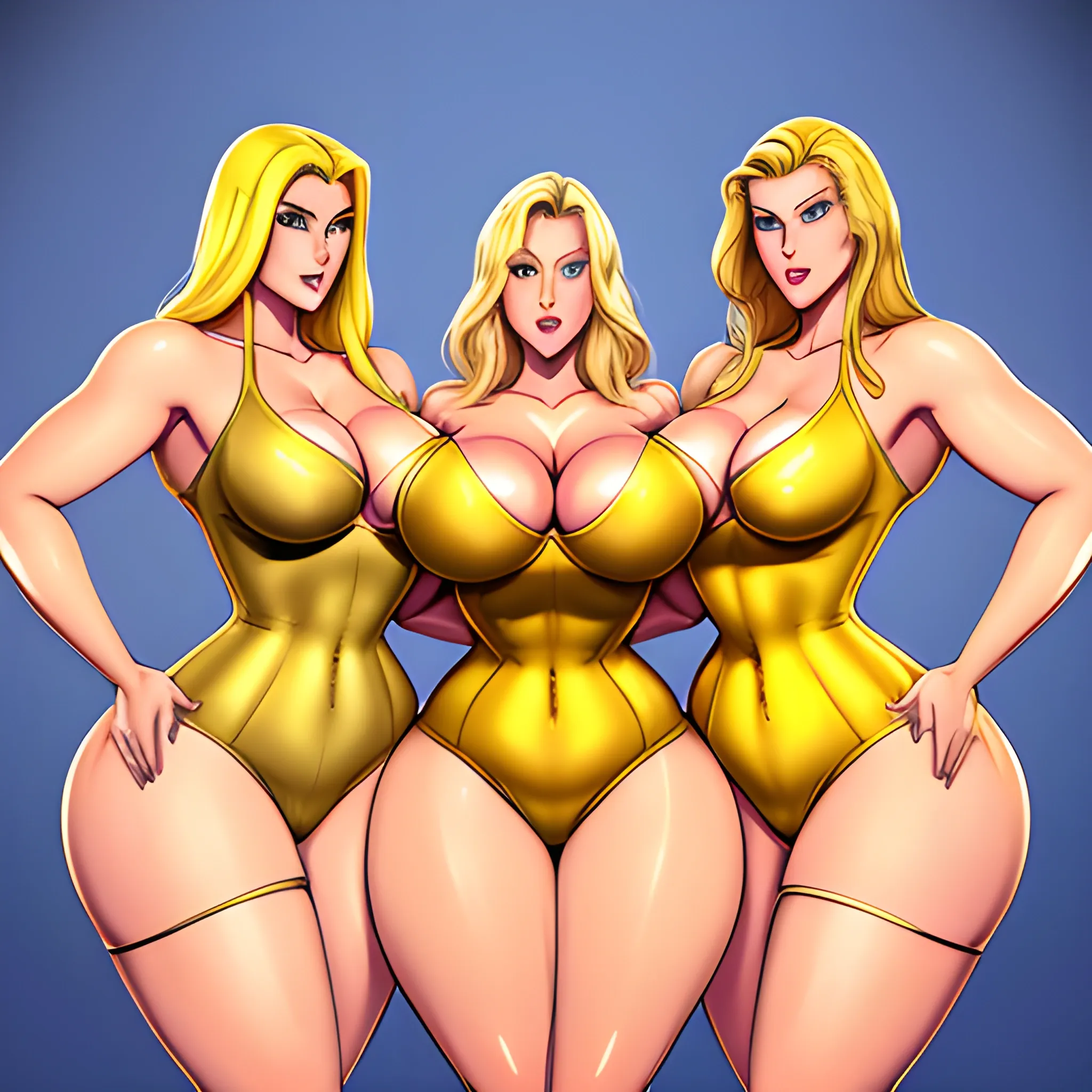 massive and very tall, beautiful, plus size, friendly beautiful blonde girl, broad shoulders, slightly muscular, golden blonde hair, full voluptuous hourglass body and long big thighs and big legs in short tight dress, athletic, standing in beautiful house next to her two slightly shorter blonde daughters with the same bodytype loving her and hugging and clinging to her and kissing her

