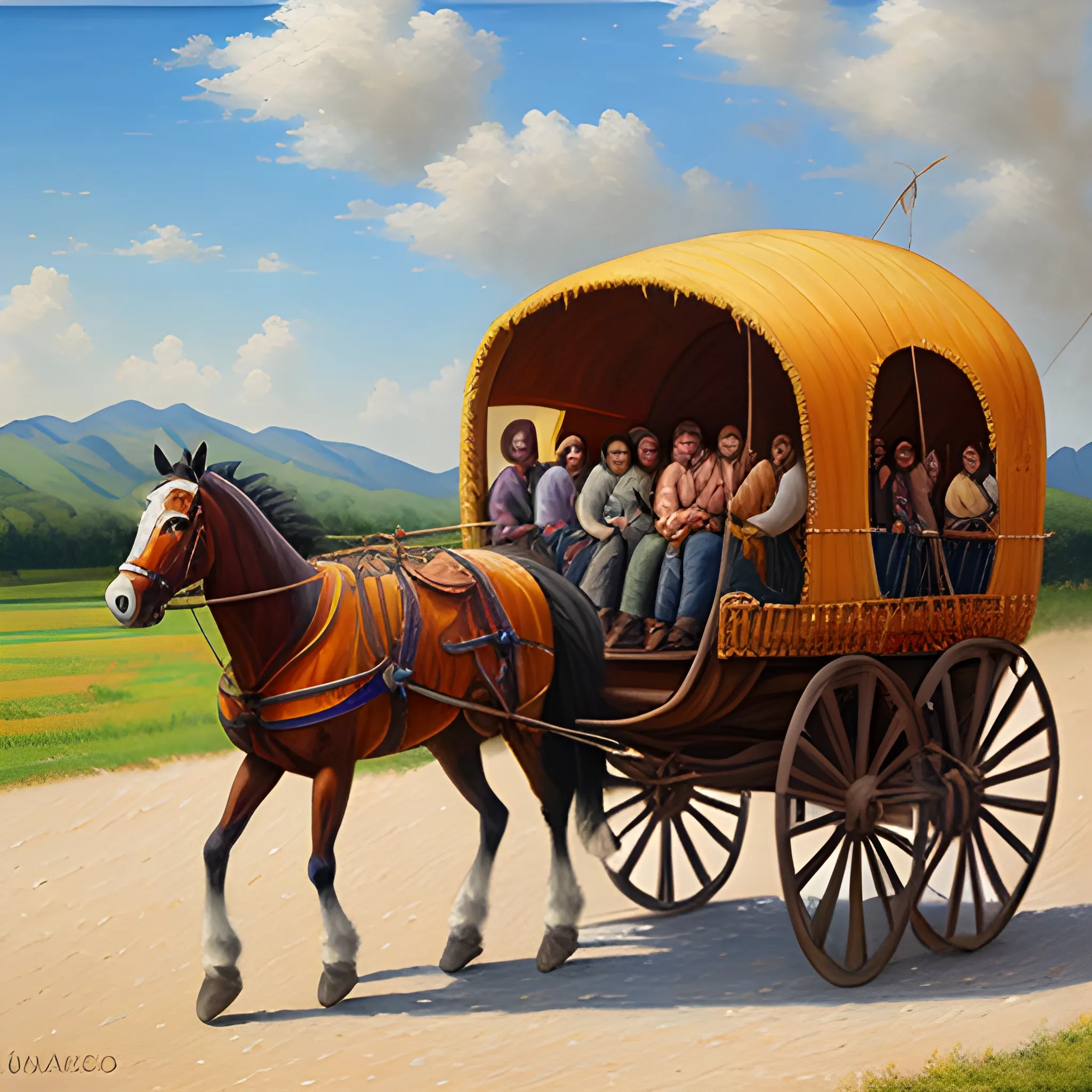 una caravana tirada de caballoas, Oil Painting, Oil Painting