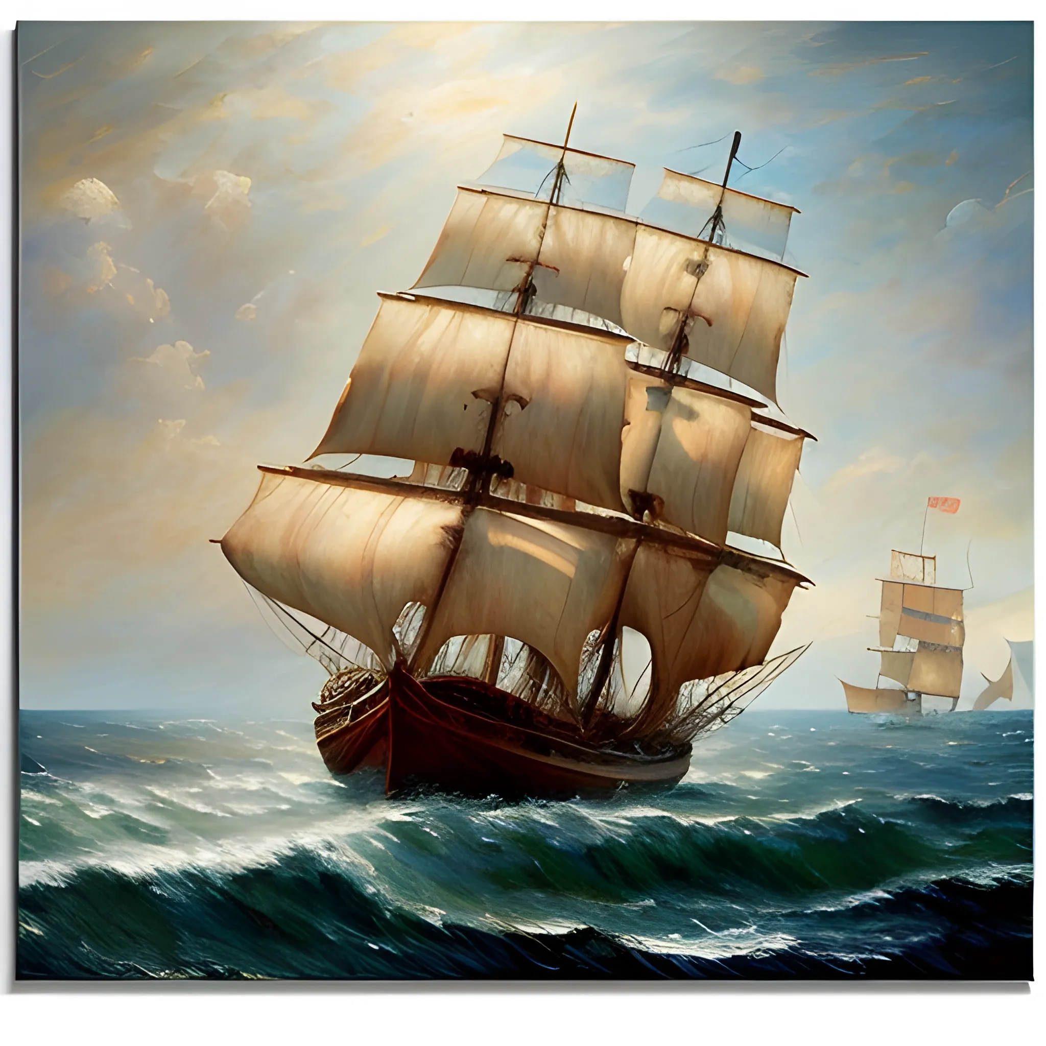 A large pirate ship sailing with sails blown in the wind, open sea, side view, Rule of Thirds, art Jem, high quality, Oil Painting, Oil Painting, impressionist style, visible brush strokes, earth color tones