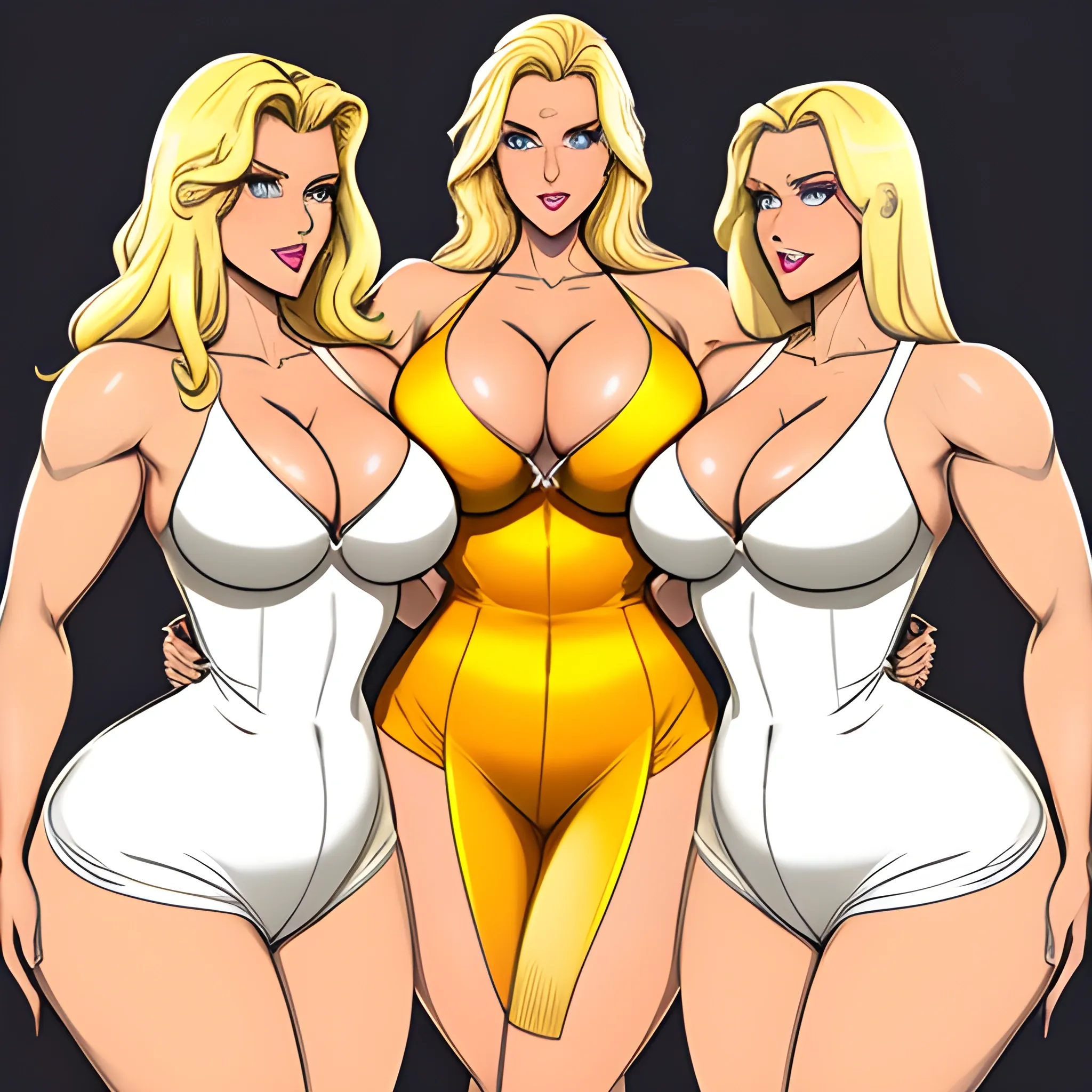 massive and very tall, beautiful, plus size, friendly beautiful blonde girl, broad shoulders, slightly muscular, golden blonde hair, full voluptuous hourglass body and long big thighs and big legs in short tight dress, athletic, standing in beautiful house next to her two slightly shorter blonde daughters with the same bodytype loving her and hugging and clinging to her and kissing her

