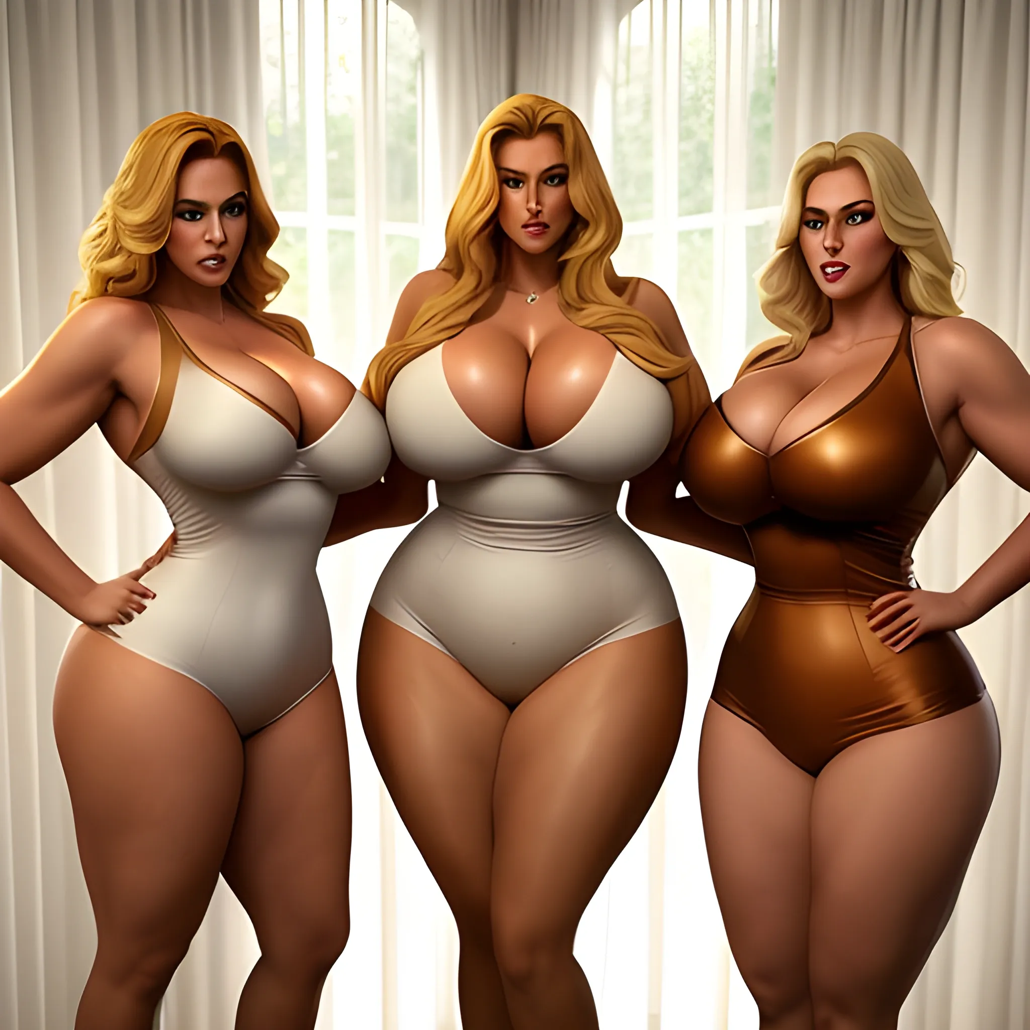 massive and very tall, beautiful, plus size, friendly beautiful blonde girl, broad shoulders, slightly muscular, golden blonde hair, full voluptuous hourglass body and long big thighs and big legs in short tight dress, athletic, standing in beautiful house next to her three slightly shorter blonde daughters with the same bodytype loving her and hugging and clinging to her and kissing her

