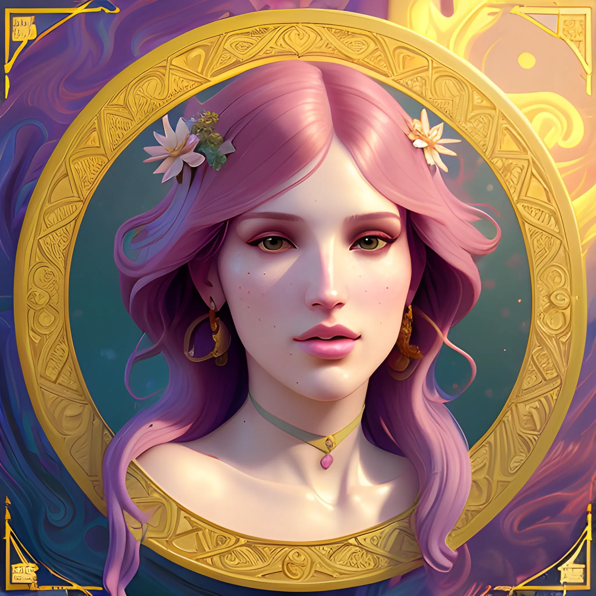 Bella Thorne at a lotus pond; highly detailed beautiful face; glitter, renaissance; high contrast, pastel, sorbet, pearlescent, Unreal Engine 5; by Dan Parent, Alphonse Mucha, Artgerm, WLOP, intricately detailed, fantasy, bizarre, beautiful, Chromolithography, Soft Shading, Unreal Engine; digital painting, smooth, sharp focus, illustration, art by lisa frank, Steve Goad, Frank Frazetta, William-Adolphe Bouguereau, Unreal Engine 5, Cartoon, 3D, Oil Painting, 3D