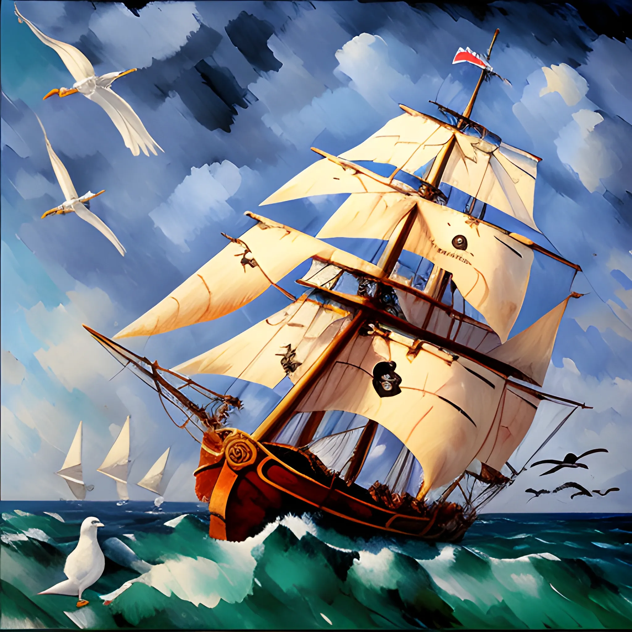 A large pirate ship sailing with sails blown in the wind, open sea, clear sky, seagulls, side view, Rule of Thirds, art Jem, oil painting, visible brush strokes, deep colors, Paul Cezanne style