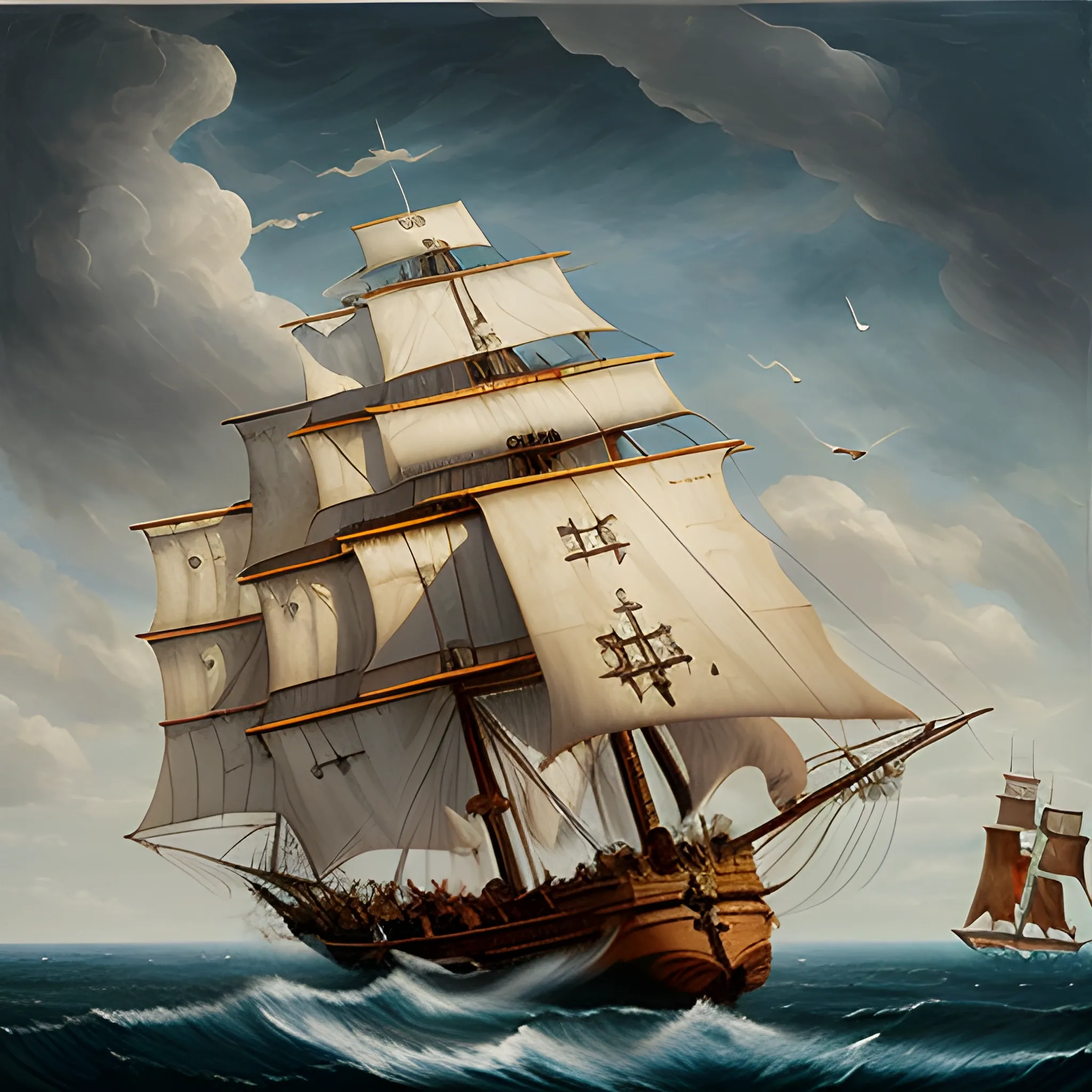 A large pirate ship sailing with sails blown in the wind, open sea, clear sky, seagulls, side view, Rule of Thirds, art Jem, oil painting, chiaroscuro lighting