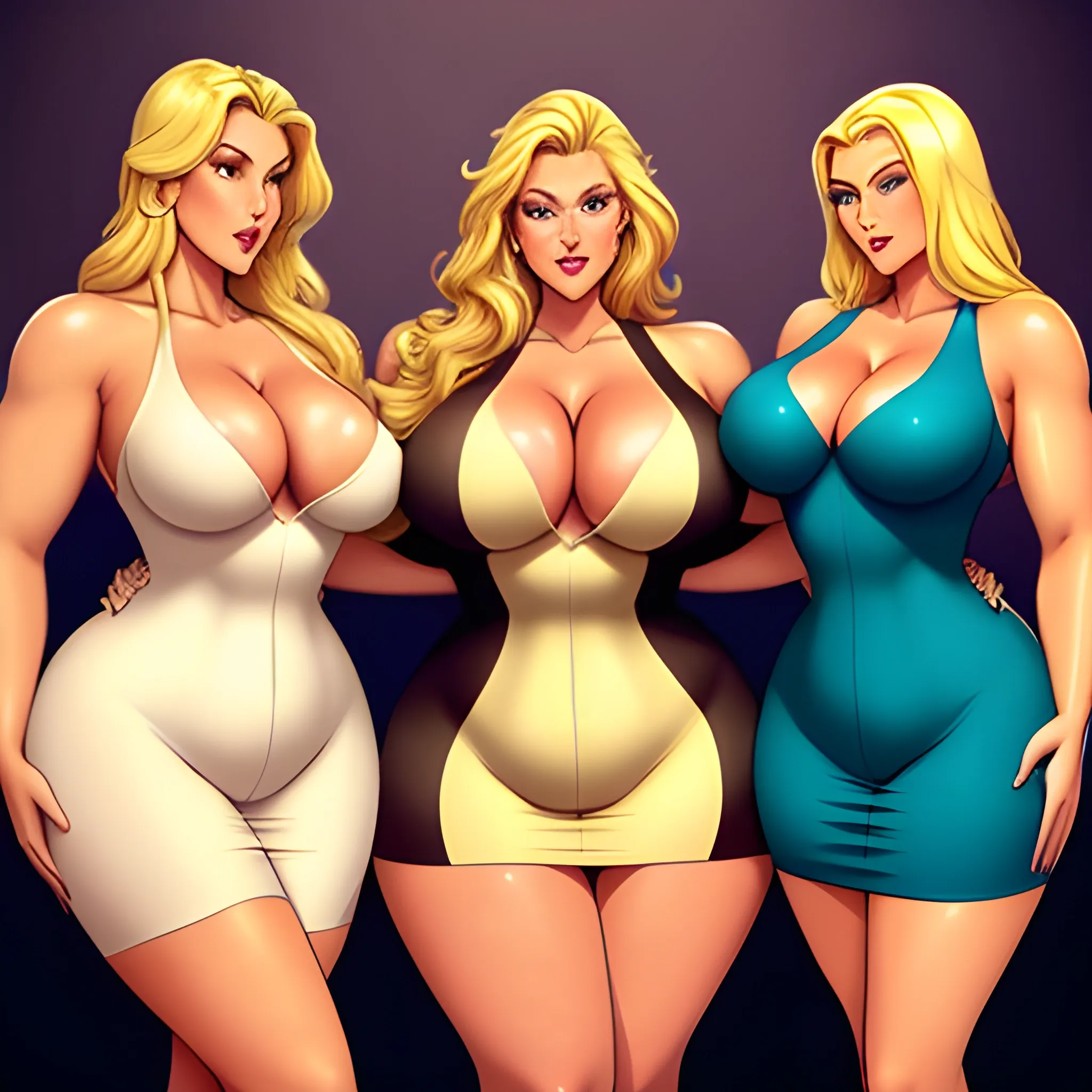 massive and very tall, beautiful, plus size, friendly beautiful blonde girl, broad shoulders, slightly muscular, golden blonde hair, full voluptuous hourglass body and long big thighs and big legs in short tight dress, athletic, standing in beautiful house next to her three slightly shorter blonde daughters with the same bodytype loving her and hugging and clinging to her and kissing her

