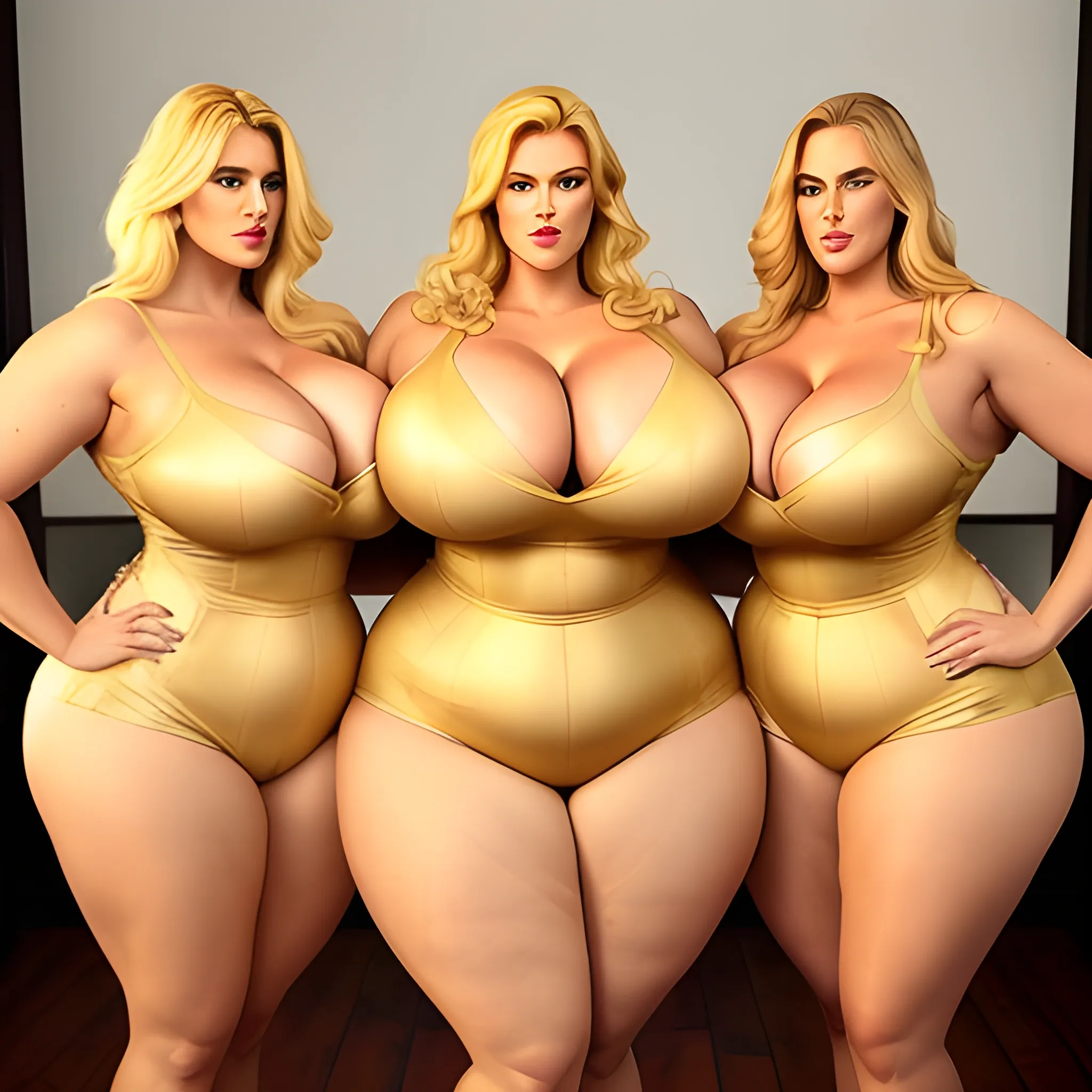 massive and very tall, beautiful, plus size, friendly beautiful blonde girl, broad shoulders, slightly muscular, golden blonde hair, full voluptuous hourglass body and long big thighs and big legs in short tight dress, athletic, standing in beautiful house next to her three slightly shorter blonde daughters with the same bodytype loving her and hugging and clinging to her and kissing her

