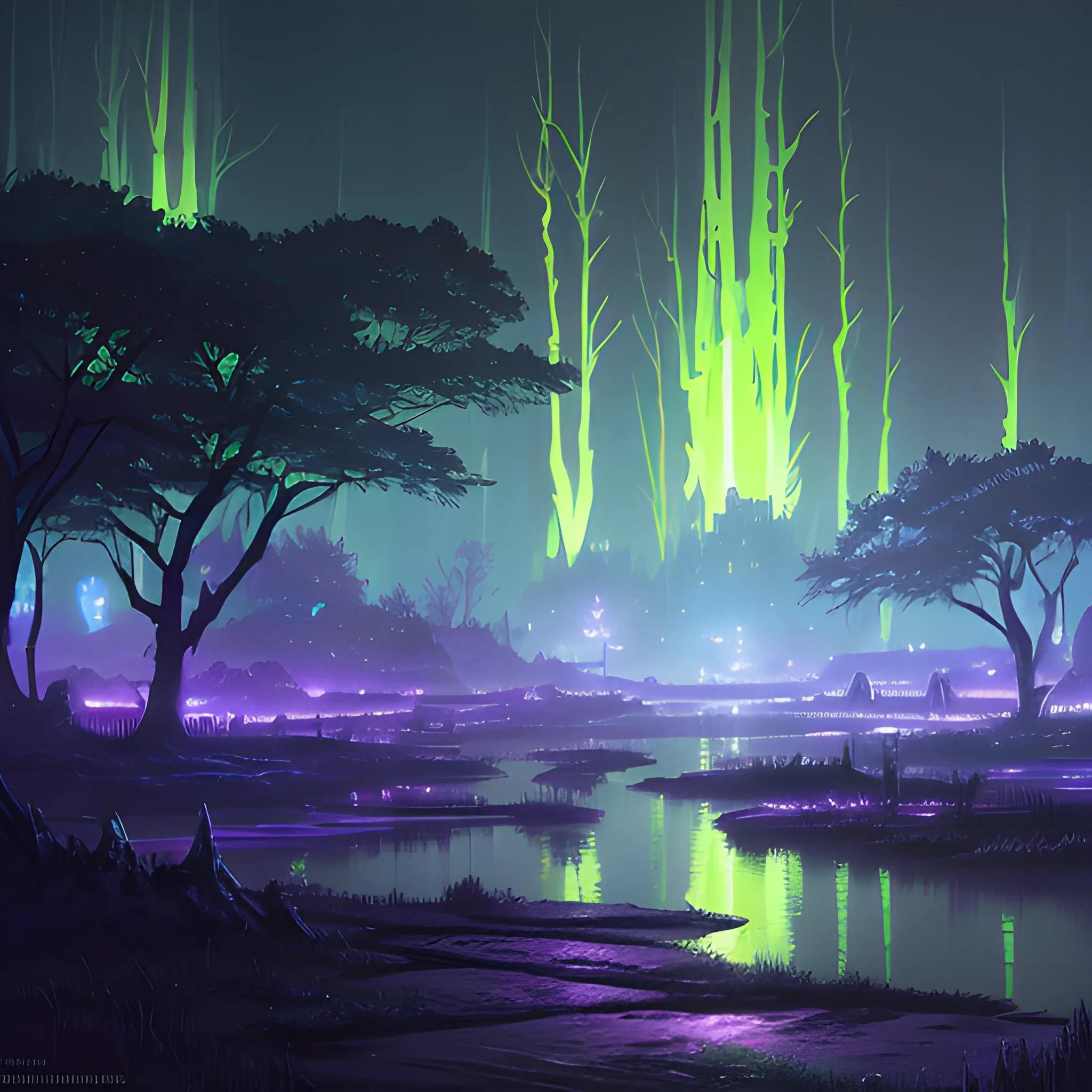 concept art painting of a fantasy dark swamp landscape at night, with glowing green lights, glowing blue ghost, dark purple sky, realistic, detailed, cel shaded, in the style of makoto shinkai and greg rutkowski and albert bierstadt and james gurney

