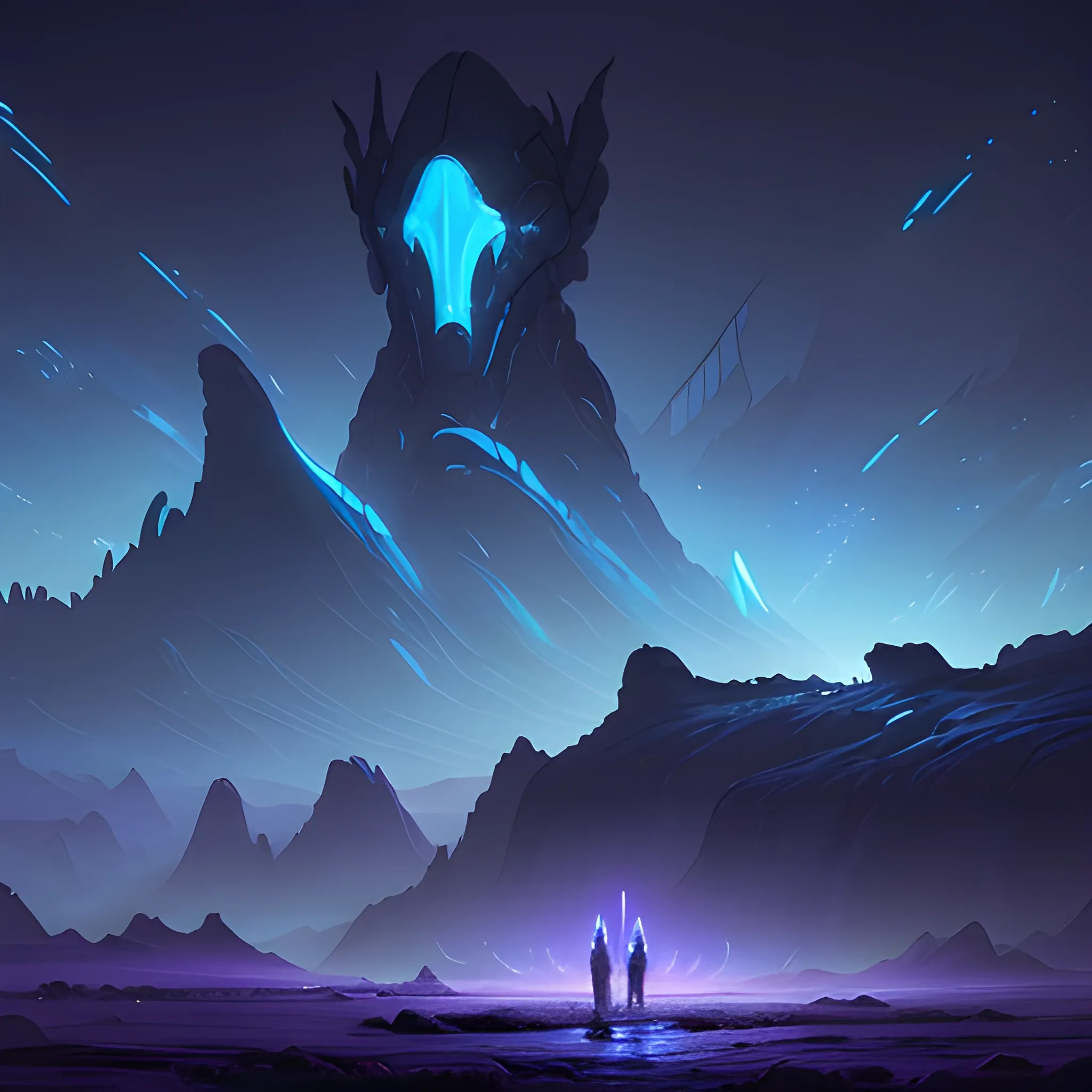 concept art painting of a fantasy alien heads landscape at night, with glowing blue lights, glowing blue heads, dark purple sky, realistic, detailed, cel shaded, in the style of makoto shinkai and greg rutkowski and albert bierstadt and james gurney

