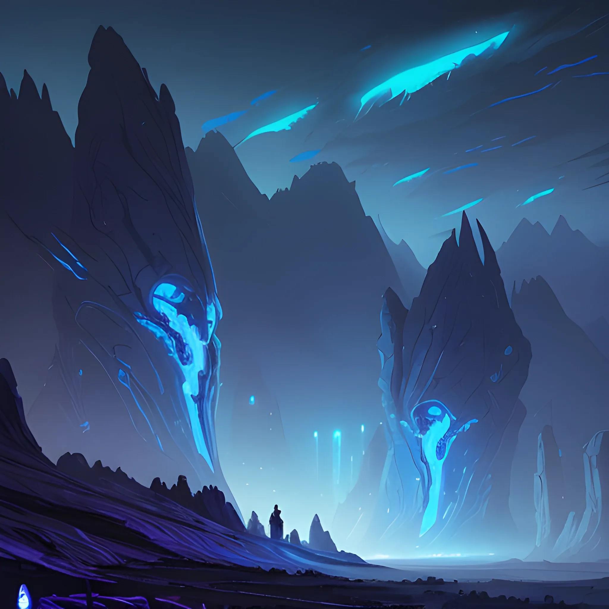 concept art painting of a fantasy alien heads landscape at night, with glowing blue lights, glowing blue heads, dark purple sky, realistic, detailed, cel shaded, in the style of makoto shinkai and greg rutkowski and albert bierstadt and james gurney

