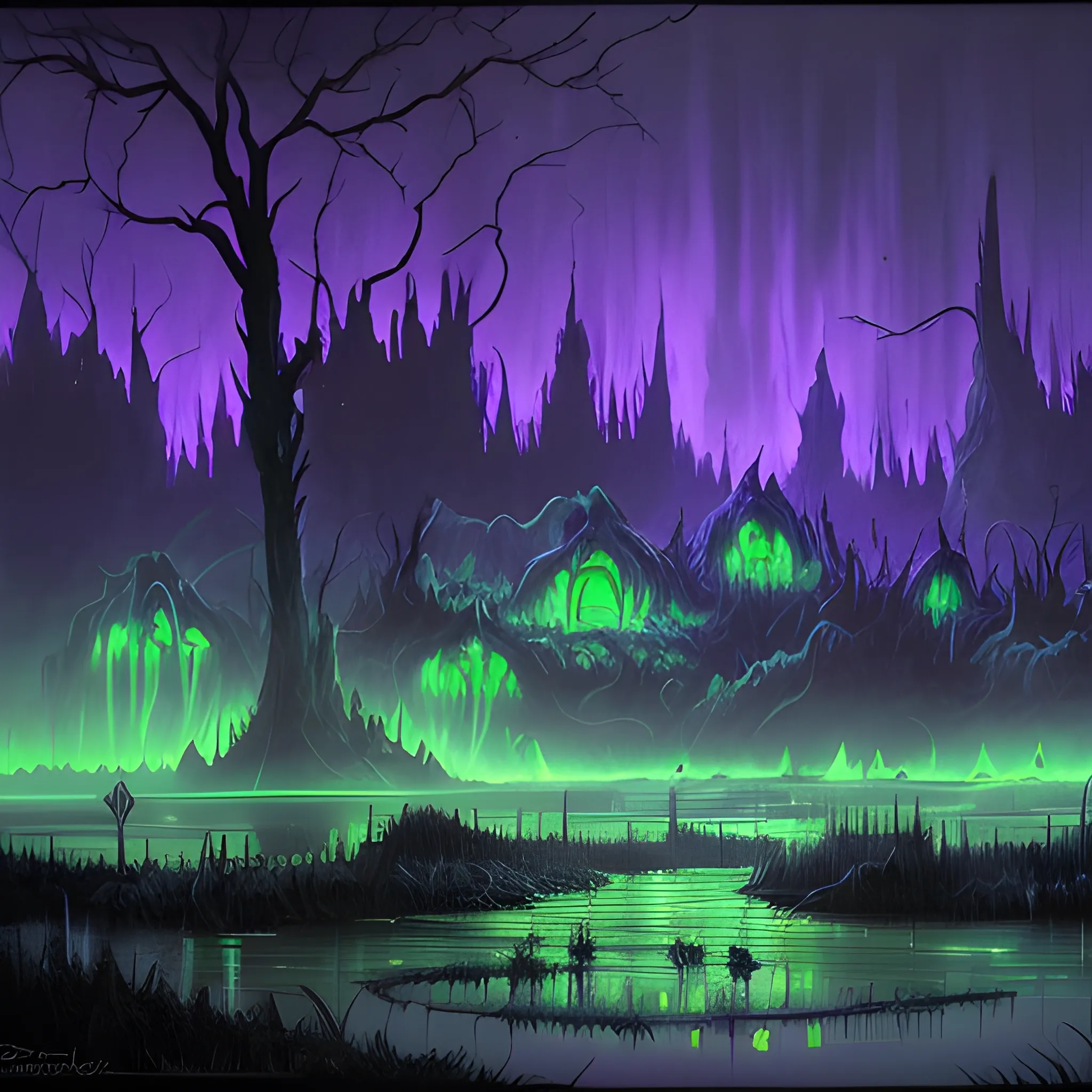 concept art painting of a fantasy dark swamp landscape at night, with glowing green lights, glowing blue ghost, dark purple sky, realistic, detailed, cel shaded, in the style of salvador dali

