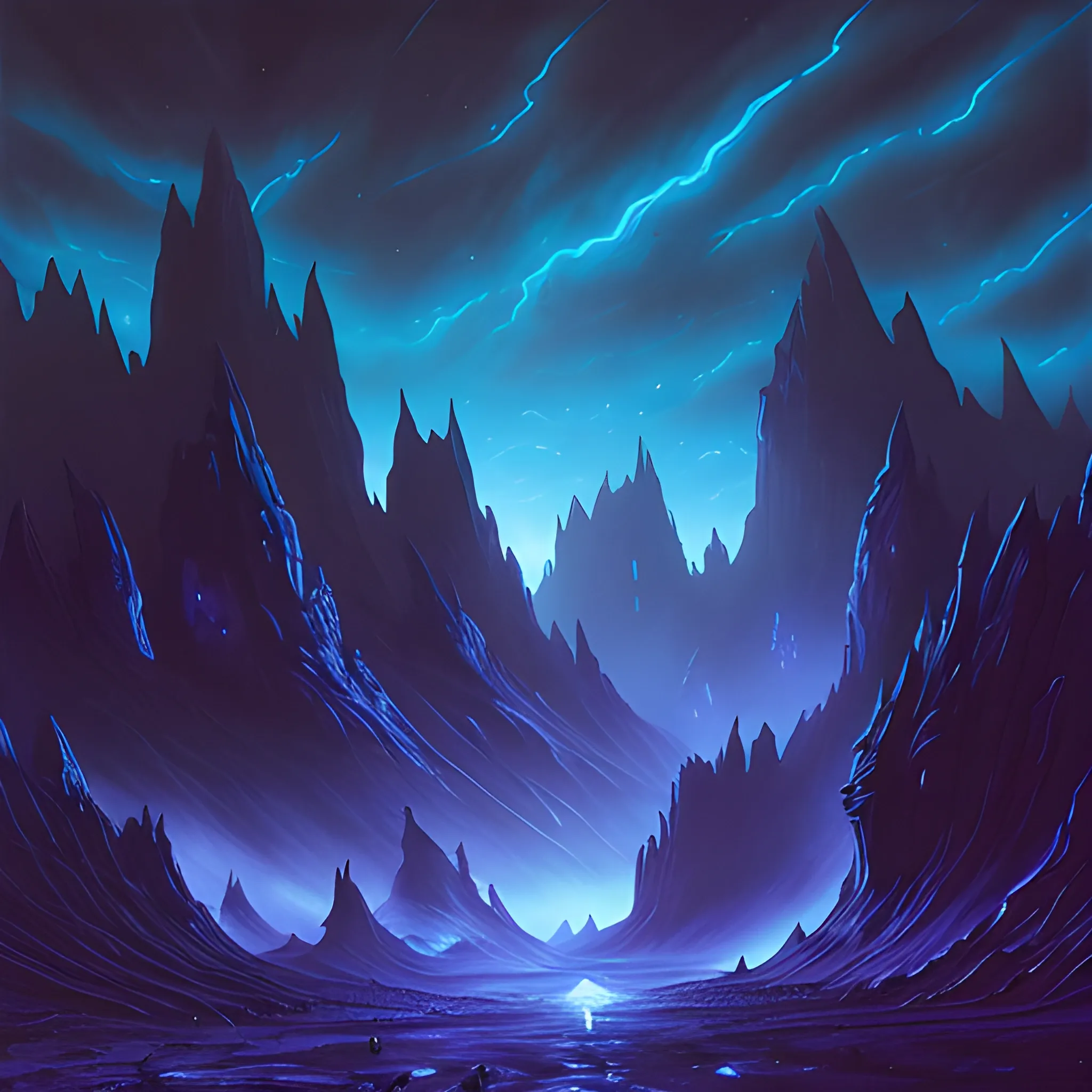 concept art painting of a fantasy alien heads landscape at night, with glowing blue lights, glowing blue heads, dark purple sky, realistic, detailed, cel shaded, Oil Painting
