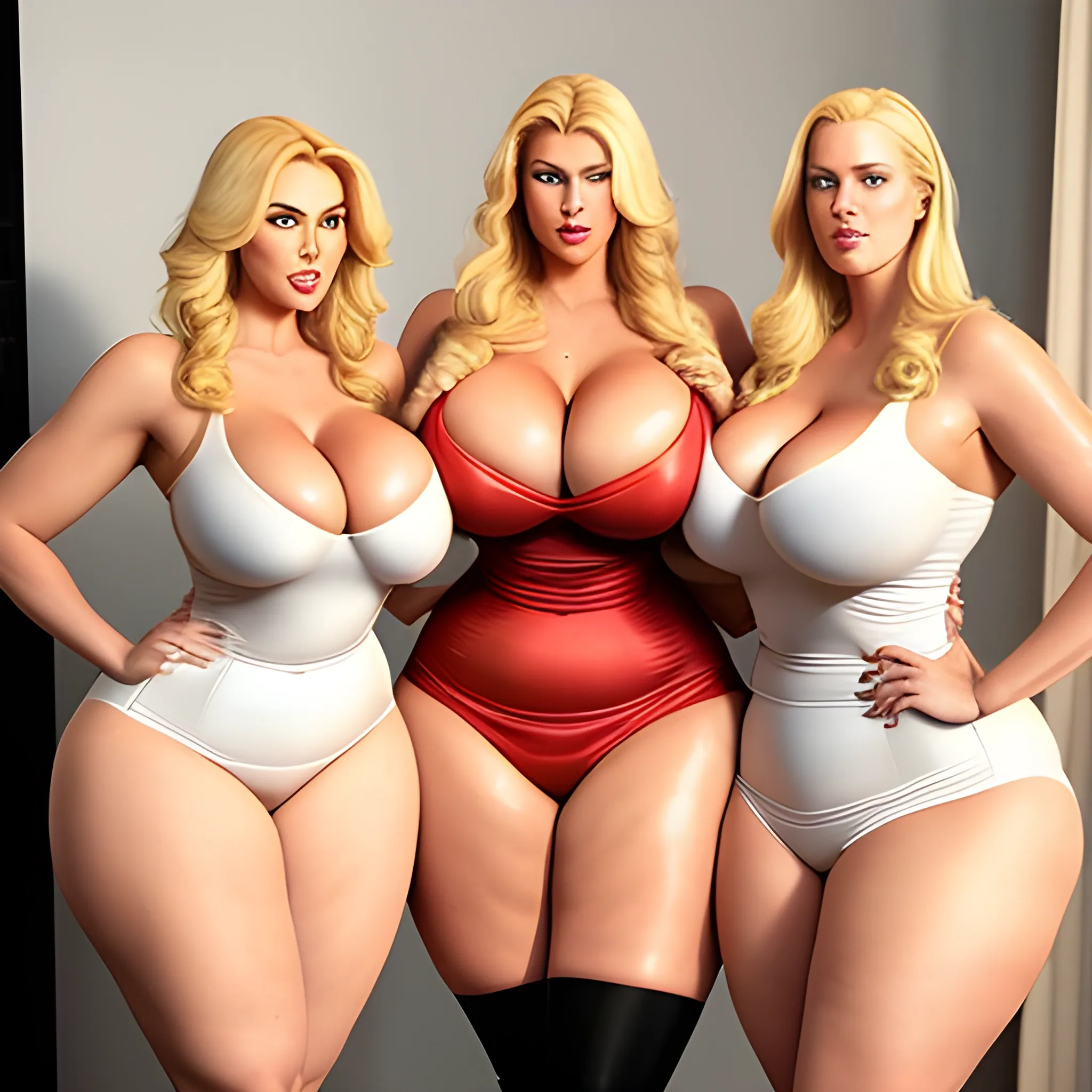 massive and very tall, beautiful, plus size, friendly beautiful blonde girl, broad shoulders, slightly muscular, golden blonde hair, full voluptuous hourglass body and long big thighs and big legs in short tight dress, athletic, standing in beautiful house next to her three slightly shorter blonde daughters with the same bodytype loving her and hugging and clinging to her and kissing her

