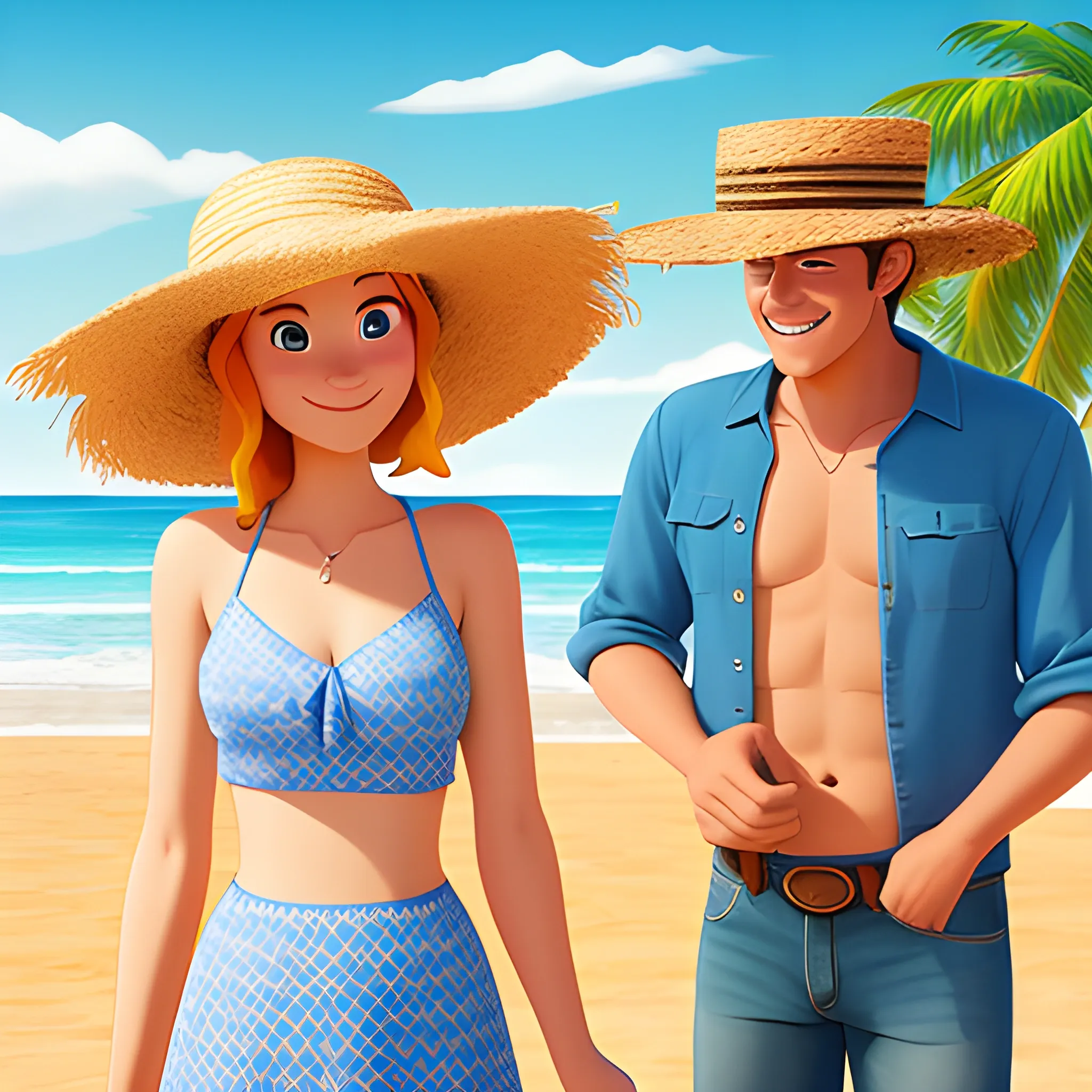 a couple on the beach. Both in the foreground with straw hats. Both with wide hips and round face Disney Pixar Style Film Poster