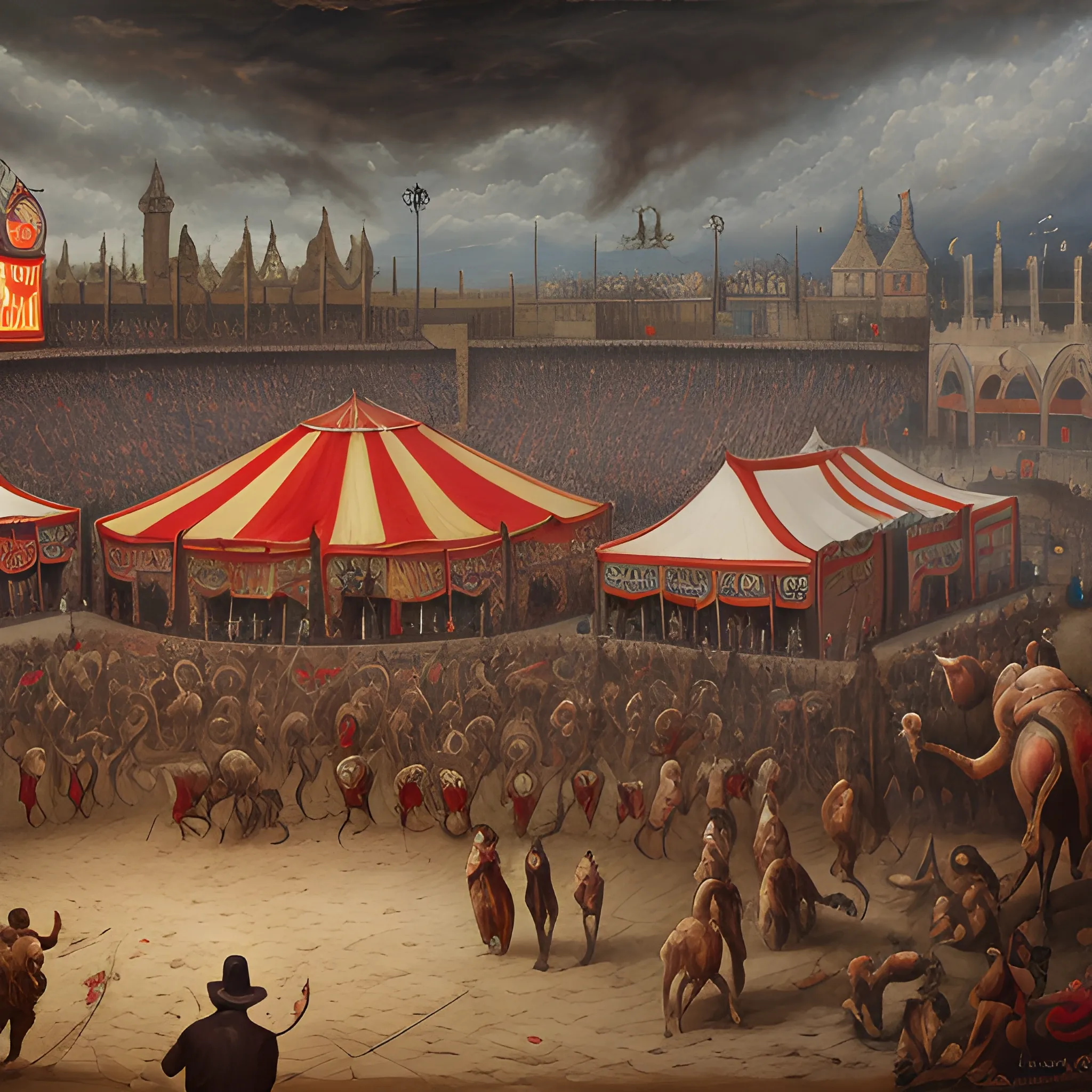 terror, infernal circus, carnarium, landscape , Oil Painting