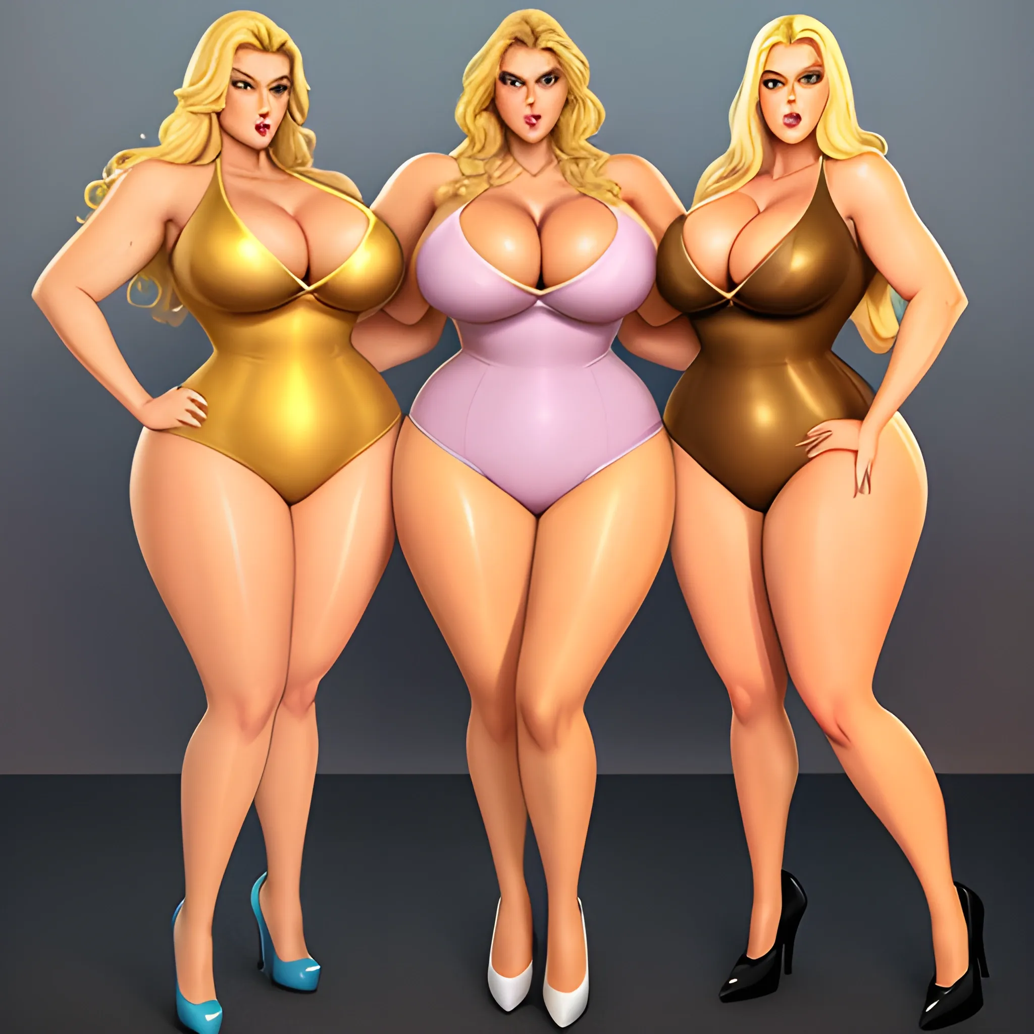 massive and very tall, beautiful, plus size, friendly beautiful blonde girl, broad shoulders, slightly muscular, golden blonde hair, full voluptuous hourglass body and long big thighs and big legs in short tight dress, athletic, standing in beautiful house next to her four slightly shorter blonde daughters with the same bodytype loving her and hugging and clinging to her and kissing her