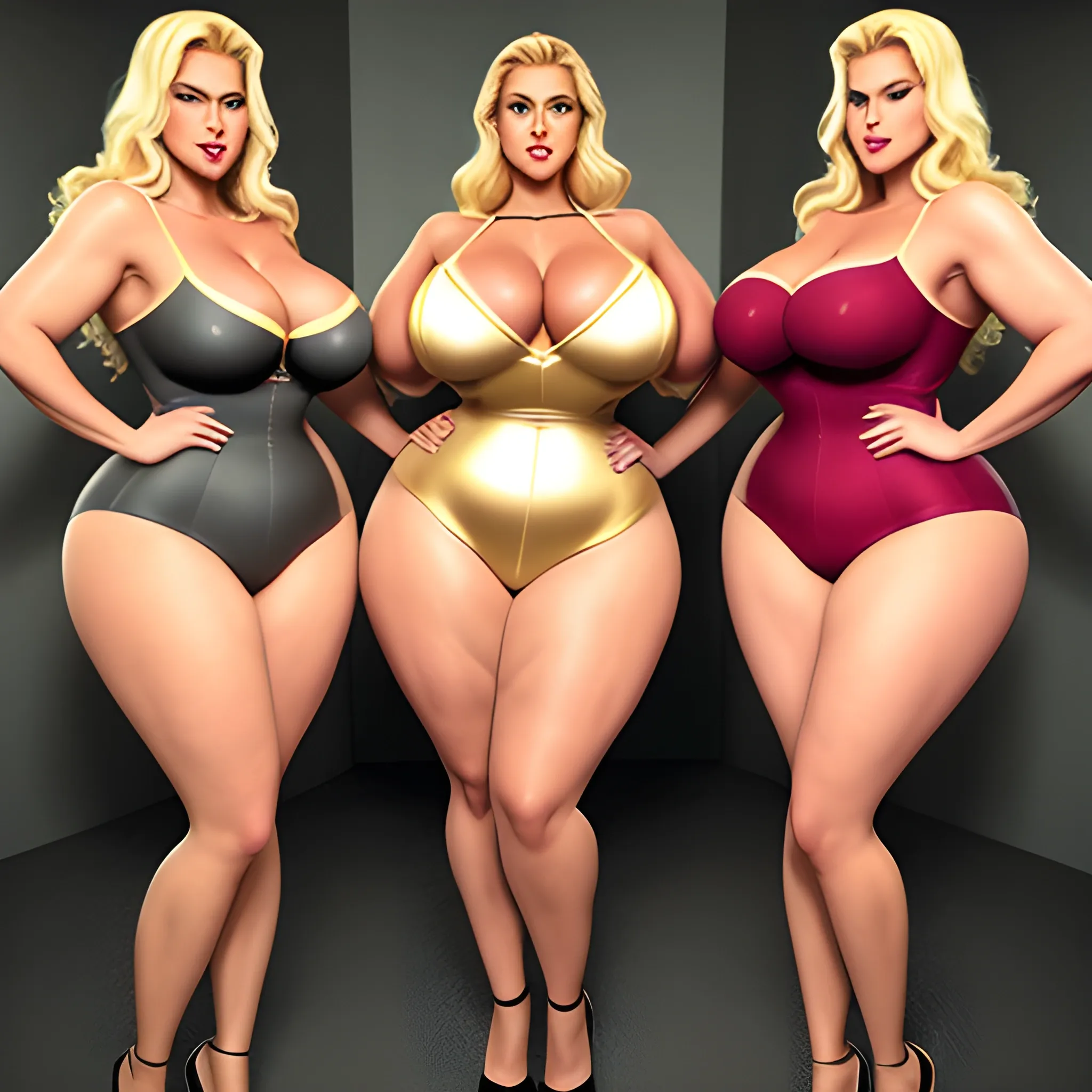 massive and very tall, beautiful, plus size, friendly beautiful blonde girl, broad shoulders, slightly muscular, golden blonde hair, full voluptuous hourglass body and long big thighs and big legs in short tight dress, athletic, standing in beautiful house next to her four slightly shorter blonde daughters with the same bodytype loving her and hugging and clinging to her and kissing her