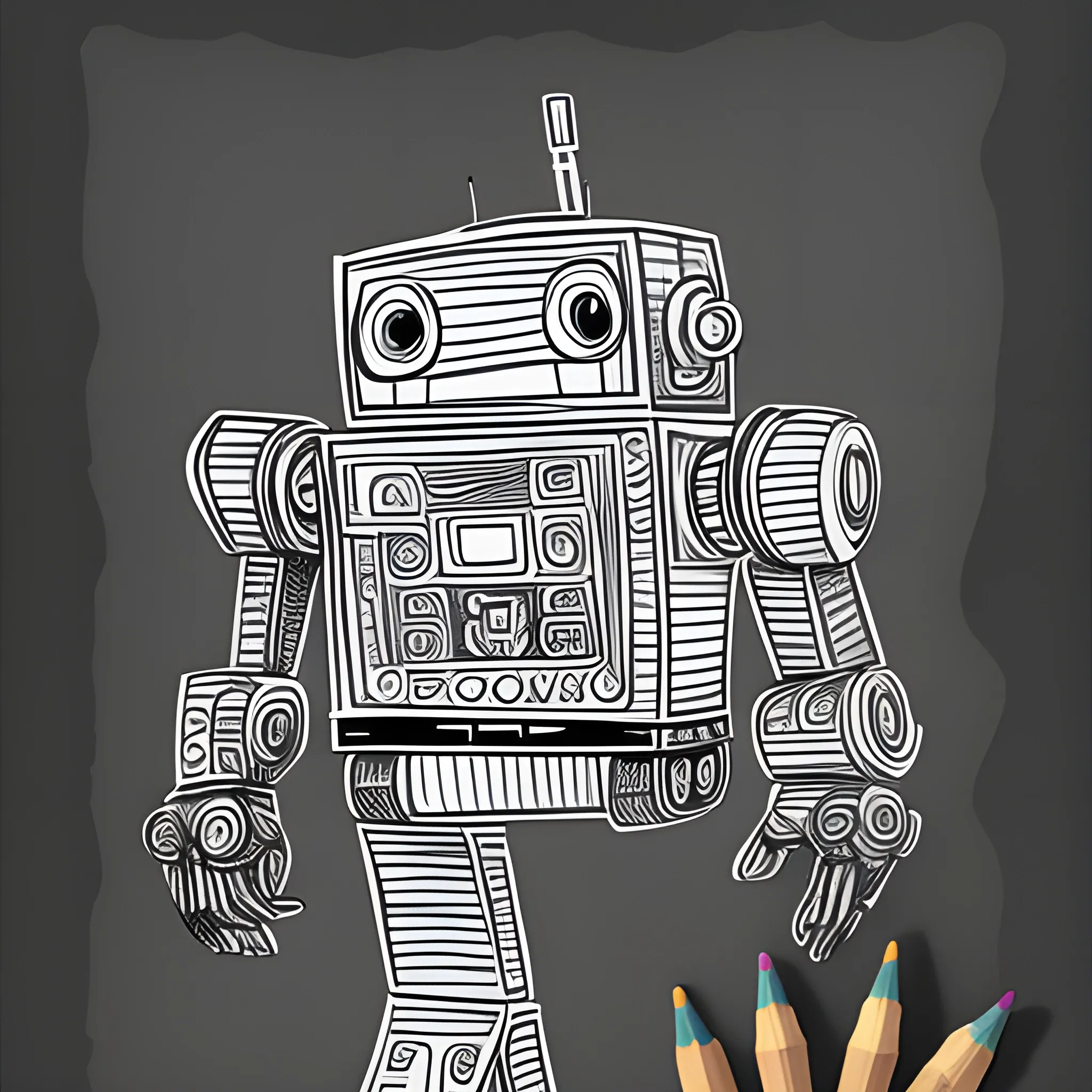 robot coloring book page, Pencil Sketch