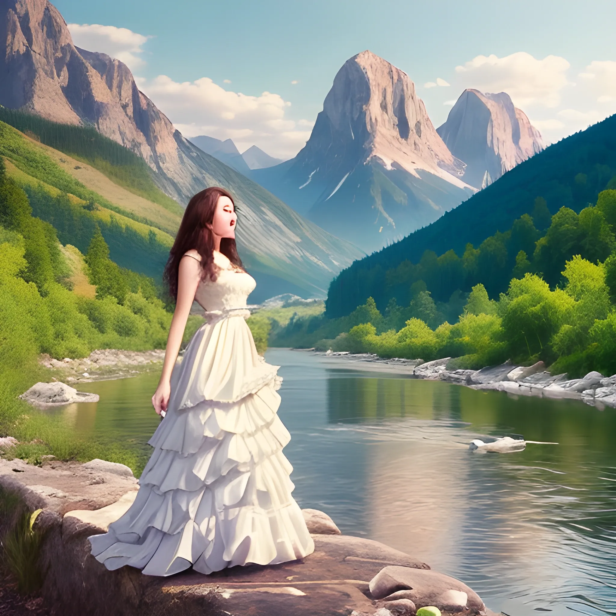 A beautiful woman sings by the river, nice clothes, with mountain view