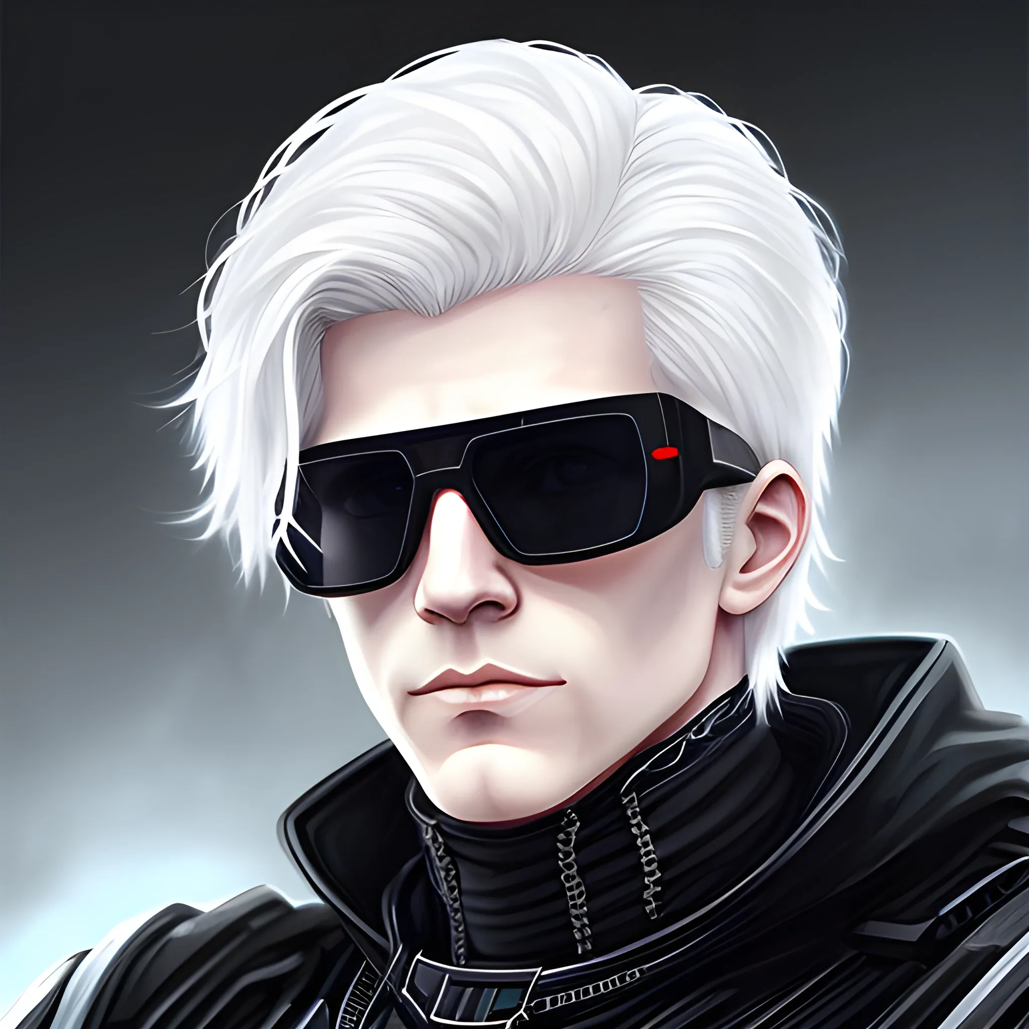 Make a portrait of a white male with white hair wearing a black sunglasses and wearing a black cybergear in Arcane art style