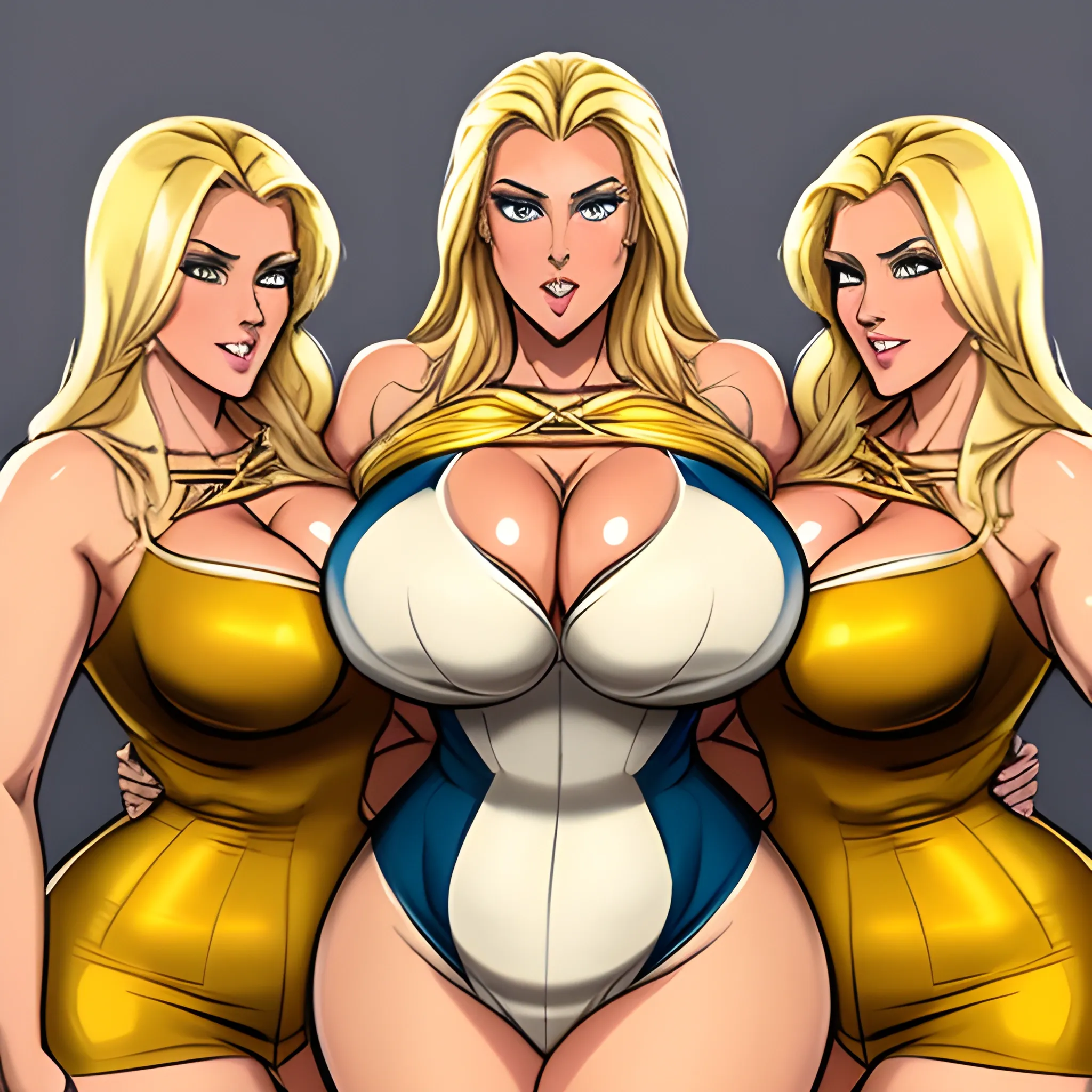 massive and very tall, beautiful, plus size, friendly beautiful blonde girl, broad shoulders, slightly muscular, golden blonde hair, full voluptuous hourglass body and long big thighs and big legs in short tight dress, athletic, standing in beautiful house next to her four slightly shorter blonde daughters with the same bodytype loving her and hugging and clinging to her and kissing her