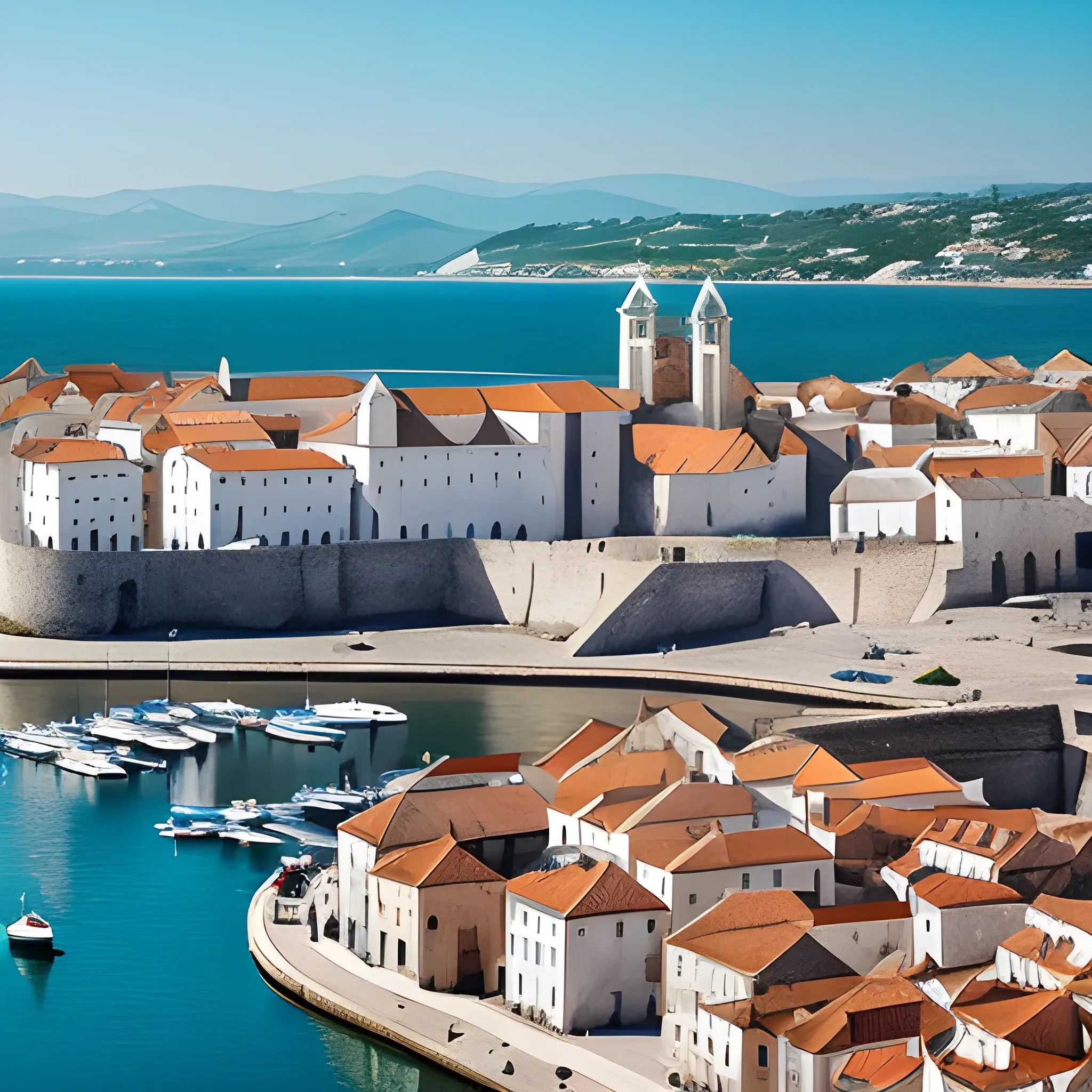 white buildings of a medieval port  kingdom with the sea