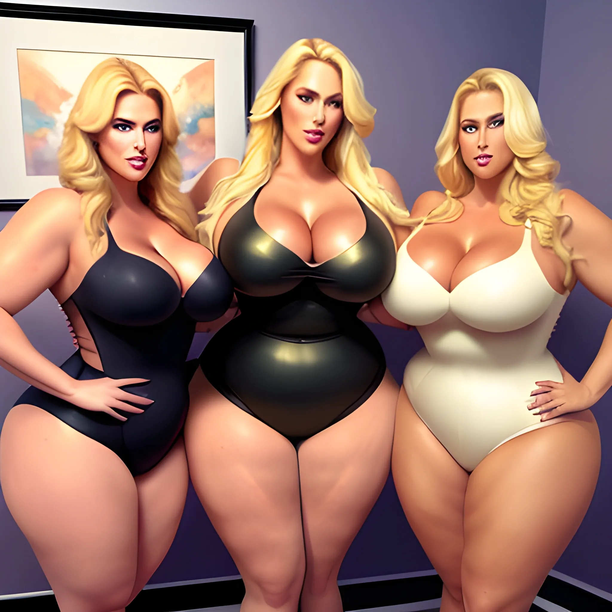 massive and very tall, beautiful, plus size, friendly beautiful blonde girl, broad shoulders, slightly muscular, golden blonde hair, full voluptuous hourglass body and long big thighs and big legs in short tight dress, athletic, standing in beautiful house next to her four slightly shorter blonde daughters with the same bodytype loving her and hugging and clinging to her and kissing her