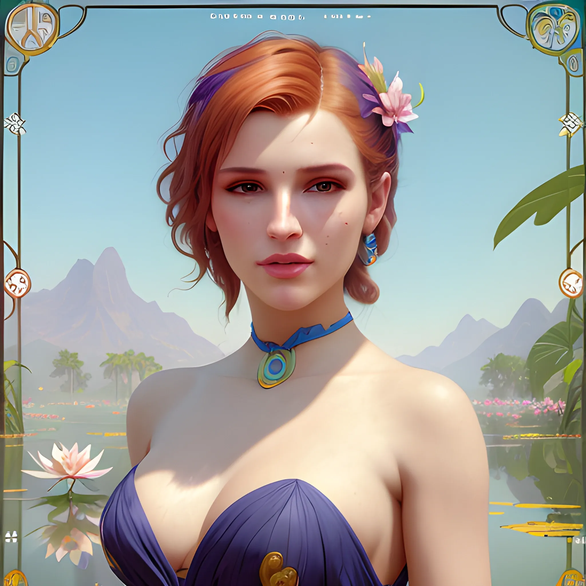 Bella Thorne at a lotus pond; highly detailed beautiful face; glitter, renaissance; high contrast, pastel, sorbet, pearlescent, Unreal Engine 5; by Dan Parent, Alphonse Mucha, Artgerm, WLOP, intricately detailed, fantasy, bizarre, beautiful, Chromolithography, Soft Shading, Unreal Engine; digital painting, smooth, sharp focus, illustration, art by lisa frank, Steve Goad, Frank Frazetta, William-Adolphe Bouguereau, Unreal Engine 5, Cartoon, 3D, Oil Painting, 3D