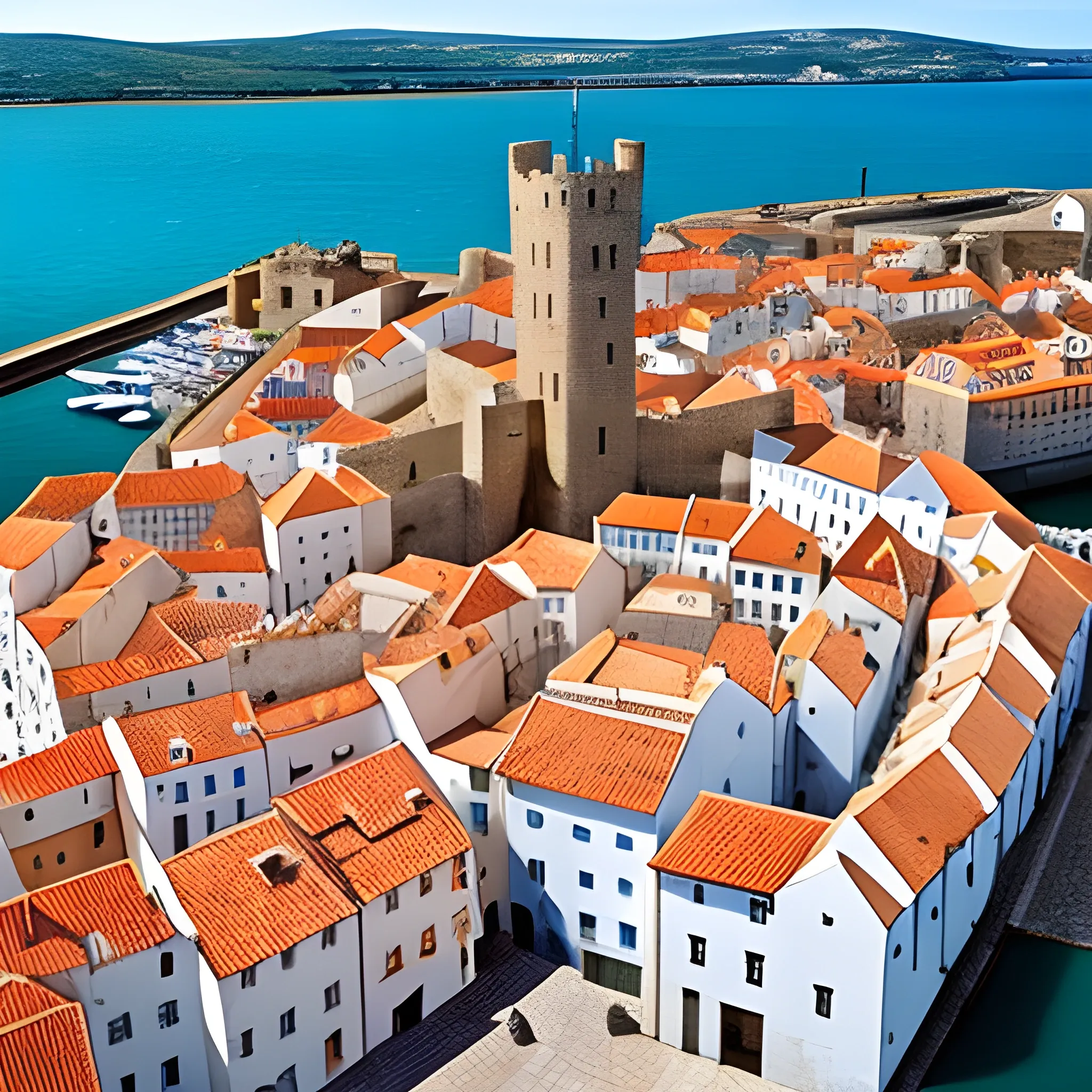 white buildings of a medieval port  kingdom with the sea
have a big tower in the middle