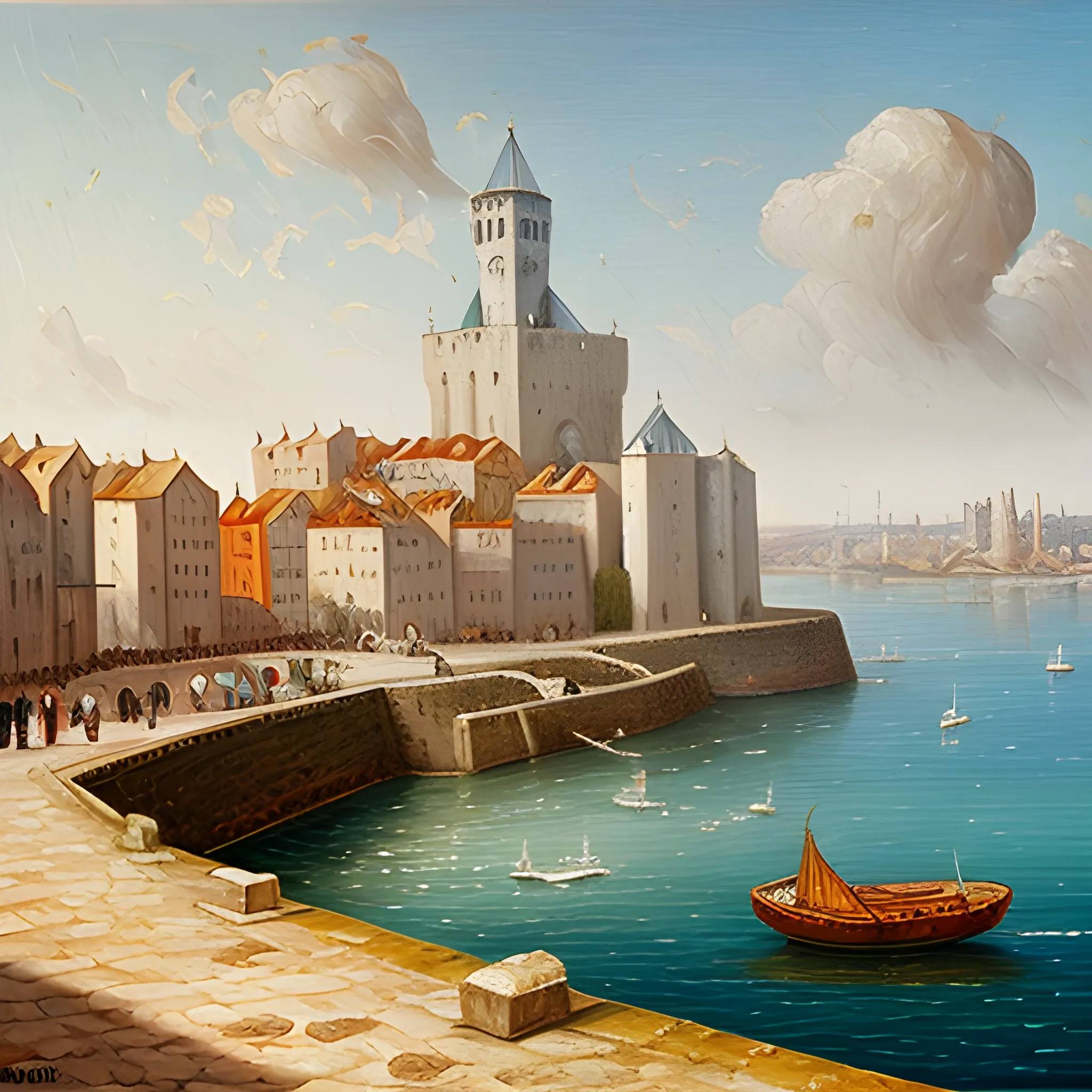 white buildings of a medieval port  kingdom with the sea
have a big tower in the middle, Oil Painting