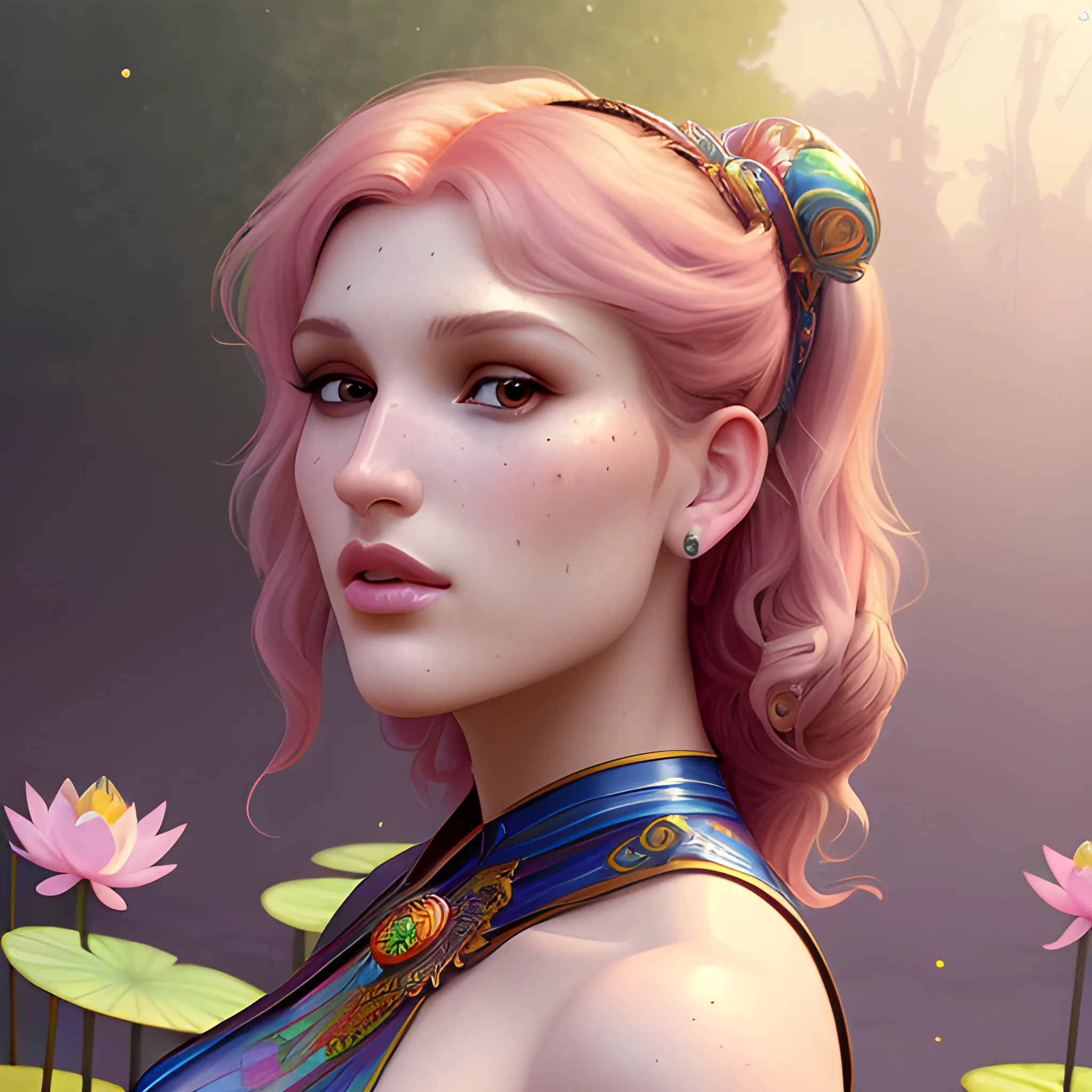 Bella Thorne at a lotus pond; highly detailed beautiful face; glitter, renaissance; high contrast, pastel, sorbet, pearlescent, Unreal Engine 5; by Dan Parent, Alphonse Mucha, Artgerm, WLOP, intricately detailed, fantasy, bizarre, beautiful, Chromolithography, Soft Shading, Unreal Engine; digital painting, smooth, sharp focus, illustration, art by lisa frank, Steve Goad, Frank Frazetta, William-Adolphe Bouguereau, Unreal Engine 5, Cartoon, 3D, Oil Painting, 3D