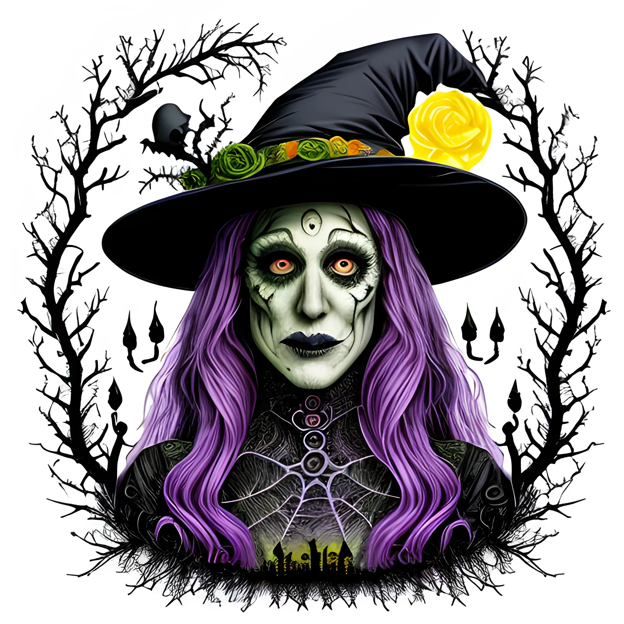 Sarah Jessica Parker as a Halloween Witch, wearing a thorny witch hat adorned with thorns and black roses; Halloween, bats, full moon in a nebula sky, neon spray paint, acrylic paint, fantastical surrealist world, in the style of Stephen Gammell, extremely detailed Zentangle style, sick, gothic, eldritch, candles, neon grape purple, dayglo orange, chartreuse green, Halloween