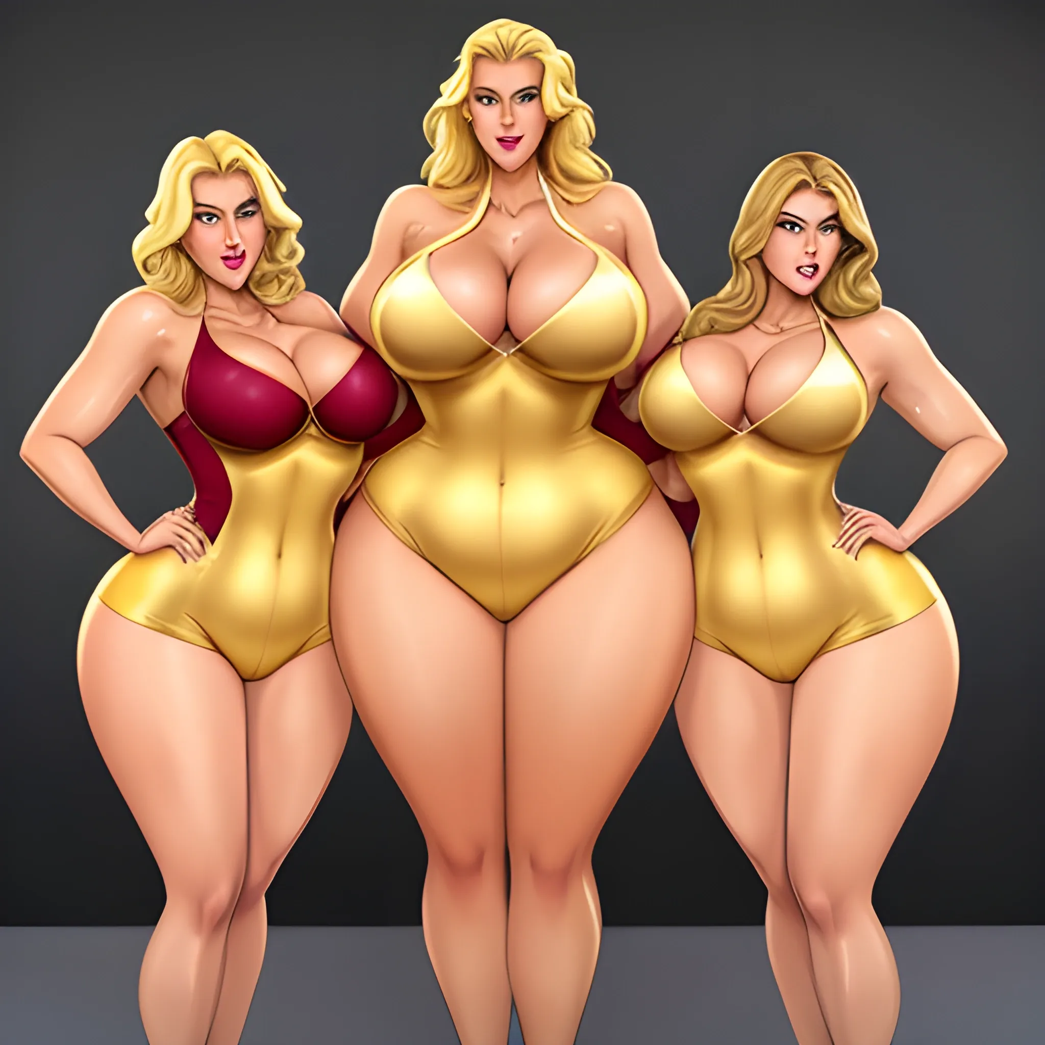 massive and very tall, beautiful, plus size, friendly beautiful blonde girl, broad shoulders, slightly muscular, golden blonde hair, full voluptuous hourglass body and long big thighs and big legs in short tight dress, athletic, standing in beautiful house next to her five slightly shorter blonde daughters with the same bodytype loving her and hugging and clinging to her and kissing her