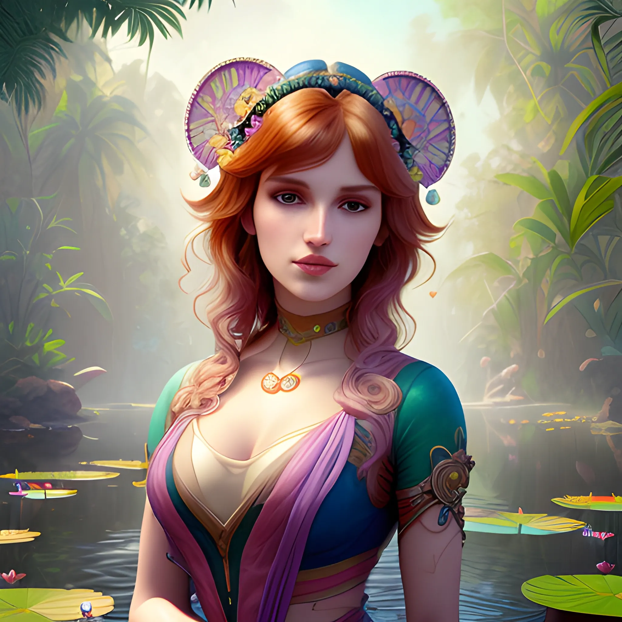 Bella Thorne at a lotus pond; highly detailed beautiful face; glitter, renaissance; high contrast, pastel, sorbet, pearlescent, Unreal Engine 5; by Dan Parent, Alphonse Mucha, Artgerm, WLOP, intricately detailed, fantasy, bizarre, beautiful, Chromolithography, Soft Shading, Unreal Engine; digital painting, smooth, sharp focus, illustration, art by lisa frank, Steve Goad, Frank Frazetta, William-Adolphe Bouguereau, Unreal Engine 5, Cartoon, 3D, Oil Painting, 3D