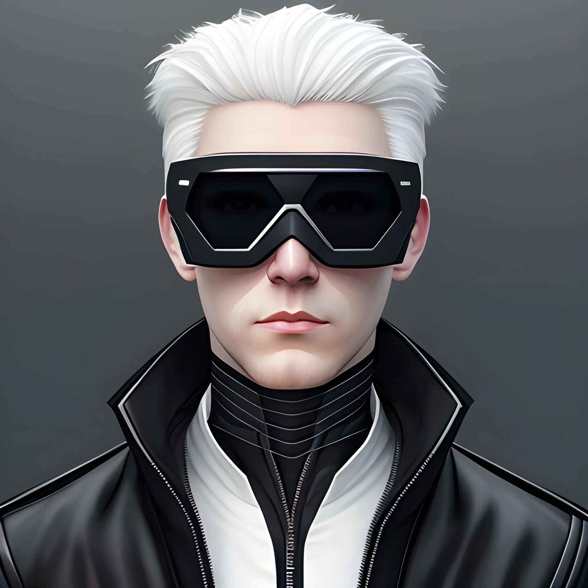 Make a portrait of a white male with white hair wearing a black sunglasses and wearing a black cybergear in Arcane art style , 3D, Oil Painting