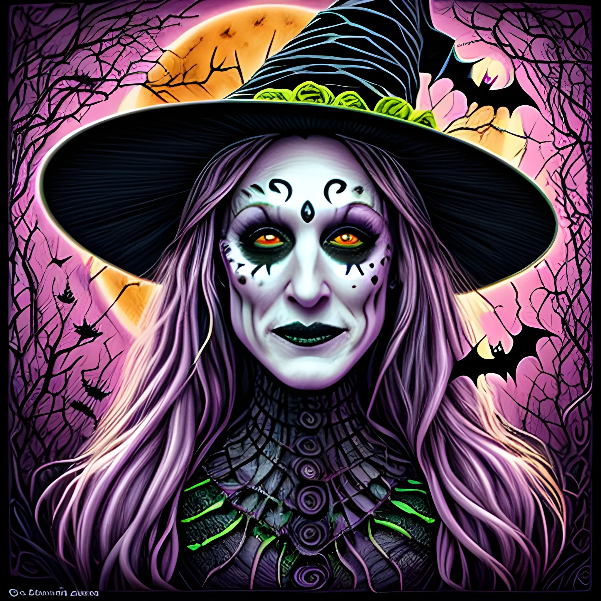 Sarah Jessica Parker as a Halloween Witch, wearing a thorny witch hat adorned with thorns and black roses; Halloween, bats, full moon in a nebula sky, neon spray paint, acrylic paint, fantastical surrealist world, in the style of Stephen Gammell, extremely detailed Zentangle style, sick, gothic, eldritch, candles, neon grape purple, dayglo orange, chartreuse green, Halloween