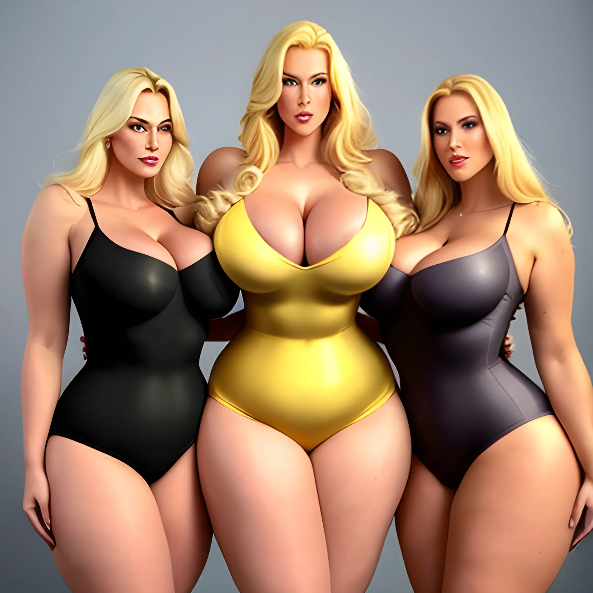 massive and very tall, beautiful, plus size, friendly beautiful blonde girl, broad shoulders, slightly muscular, golden blonde hair, full voluptuous hourglass body and long big thighs and big legs in short tight dress, athletic, standing in beautiful house next to her five slightly shorter blonde daughters with the same bodytype loving her and hugging and clinging to her and kissing her