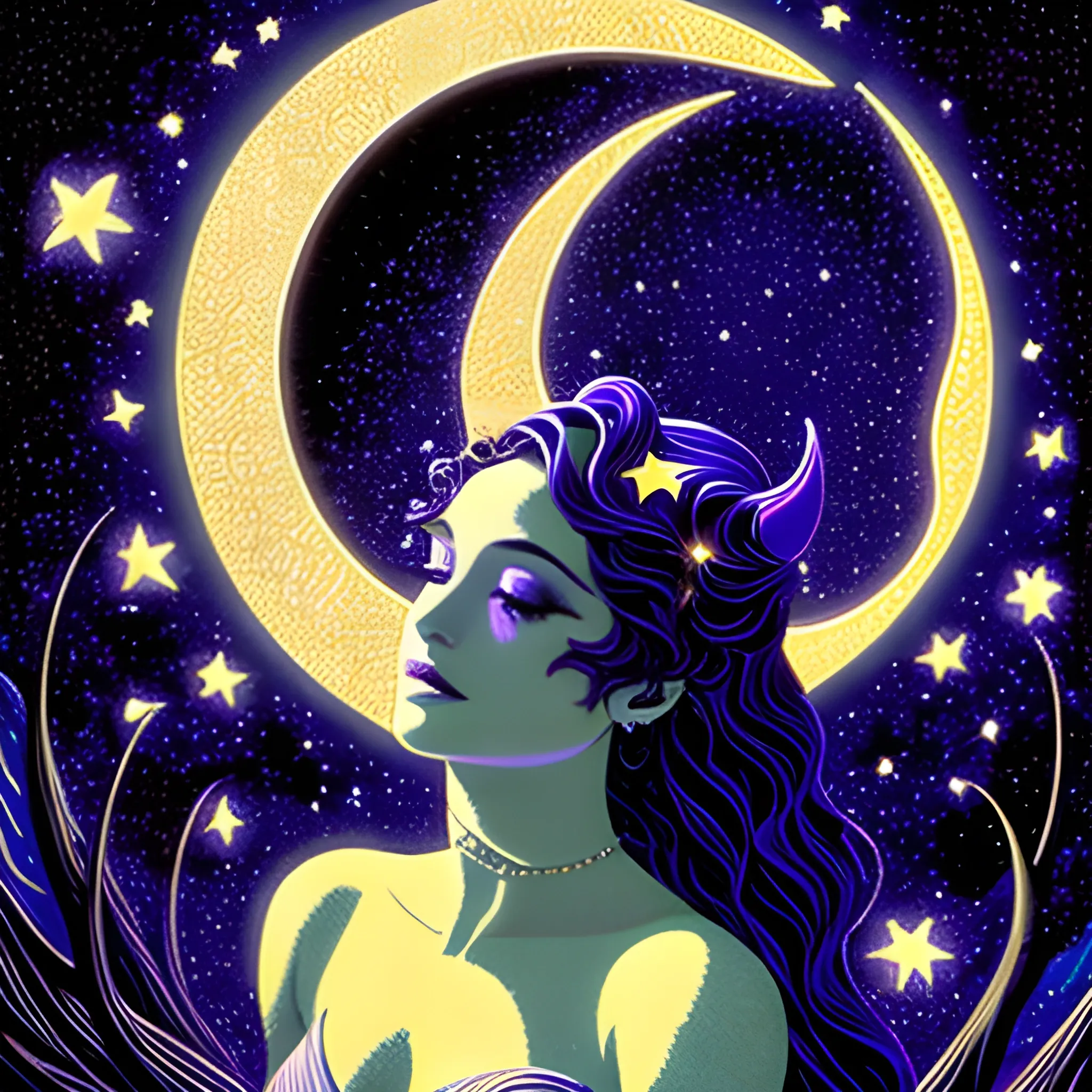 Nyx Goddess of the Night with a crescent moon and many stars in the style of Maxfield Parrish, starry night, James R. Eads