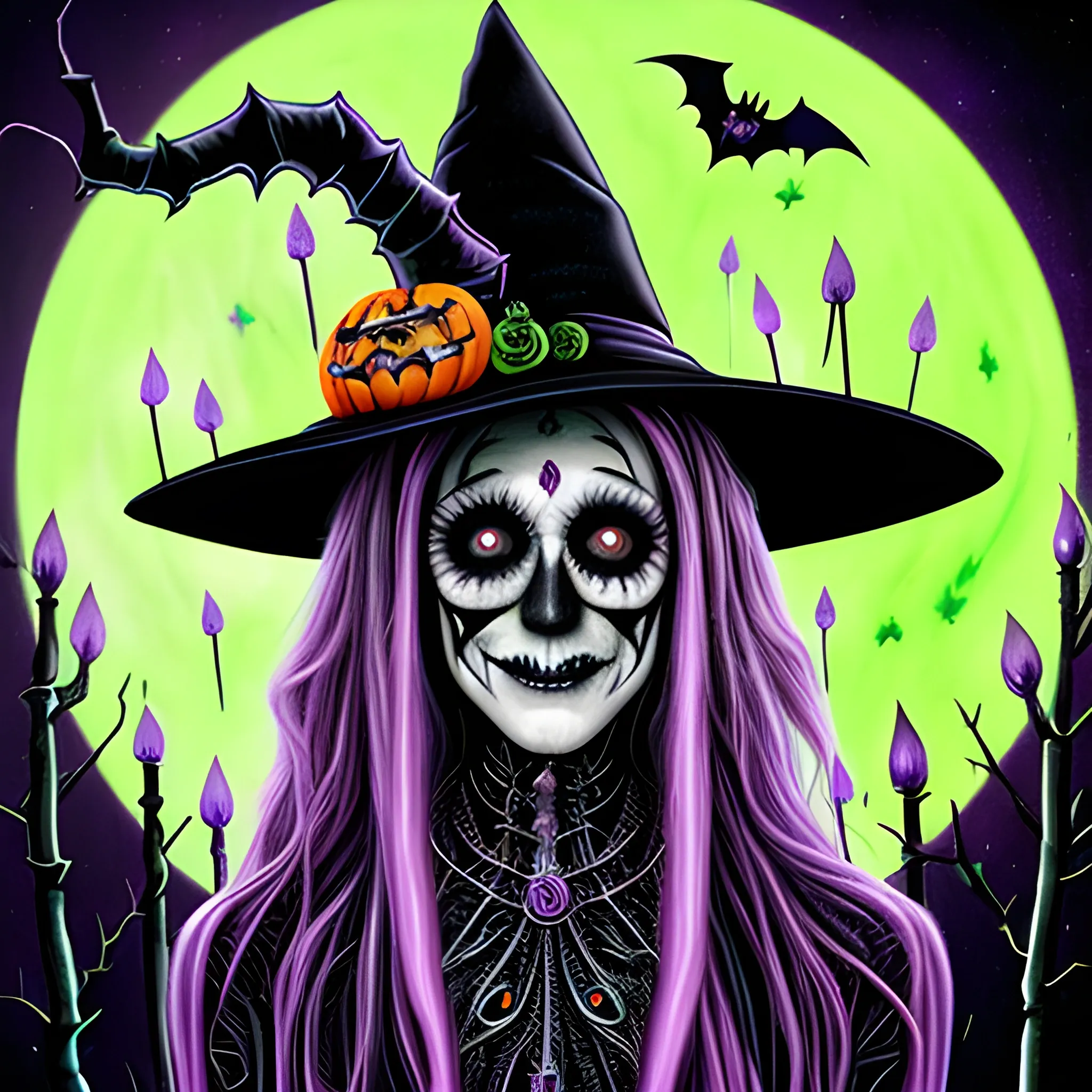 Sarah Jessica Parker as a Halloween Witch, wearing a thorny witch hat adorned with thorns and black roses; Halloween, bats, full moon in a nebula sky, neon spray paint, acrylic paint, fantastical surrealist world, in the style of Stephen Gammell, extremely detailed Zentangle style, sick, gothic, eldritch, candles, neon grape purple, dayglo orange, chartreuse green, Halloween
