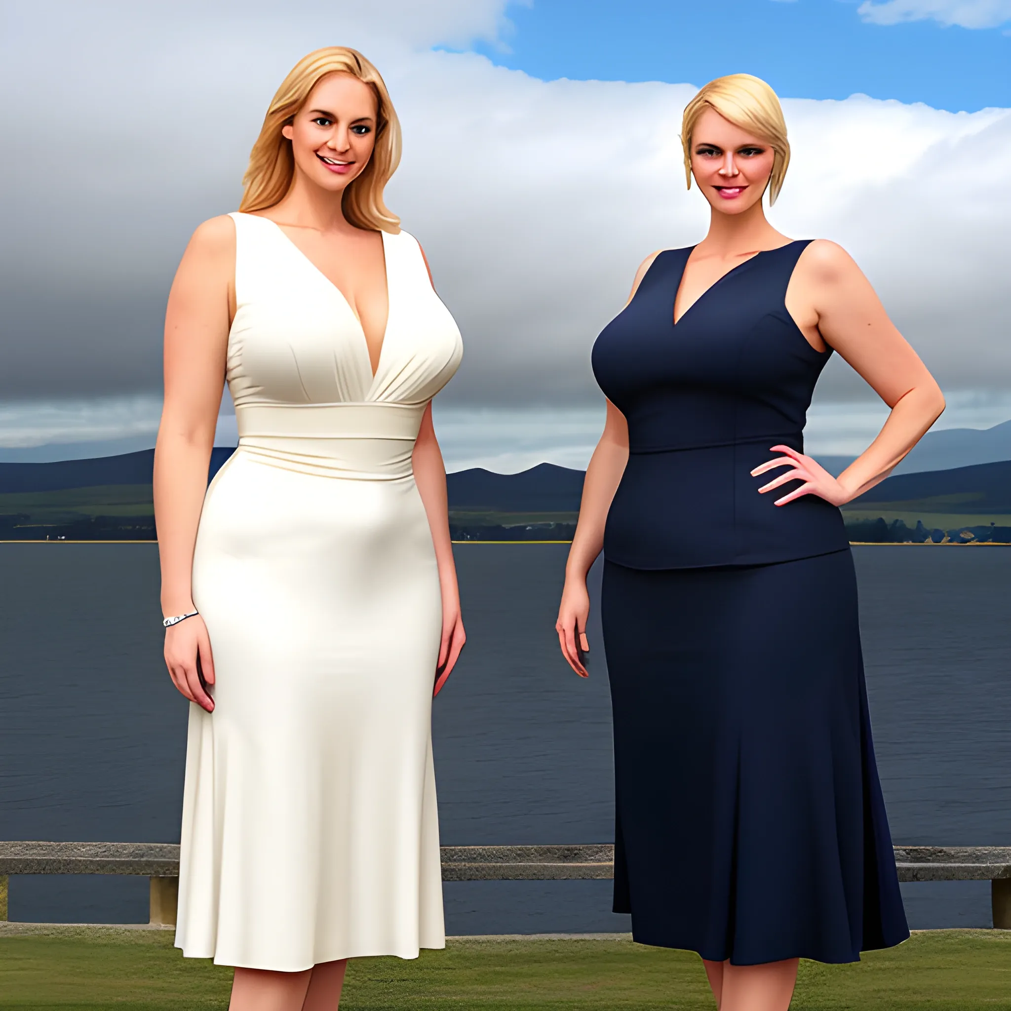 slim and subtle gently smiling elegant blonde young lady 
and a very tall naturally beautiful plus size teenage girl 
standing under clouds 