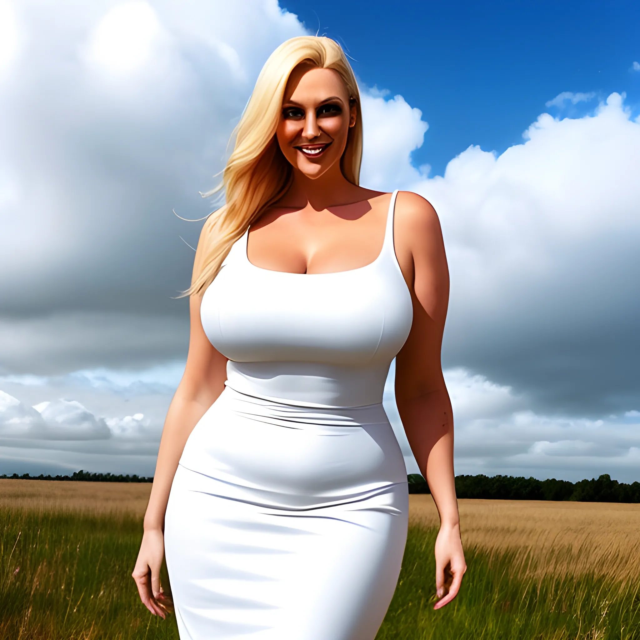 slim and subtle gently smiling blonde girl in tight white dress
and a very tall beautiful plus size teenage girl 
standing under clouds 