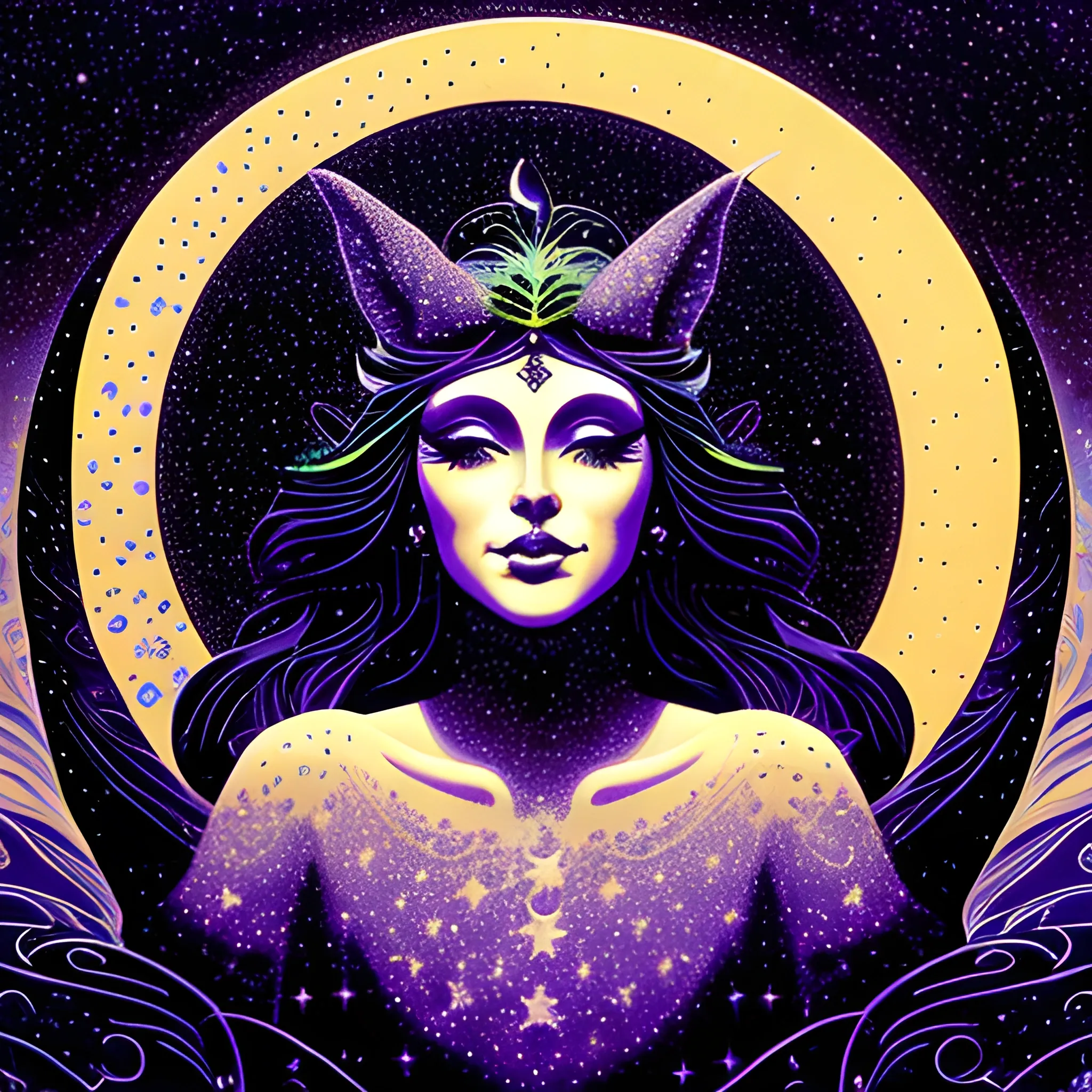 Nyx Goddess of the Night with a crescent moon and many stars in the style of Maxfield Parrish, starry night, James R. Eads